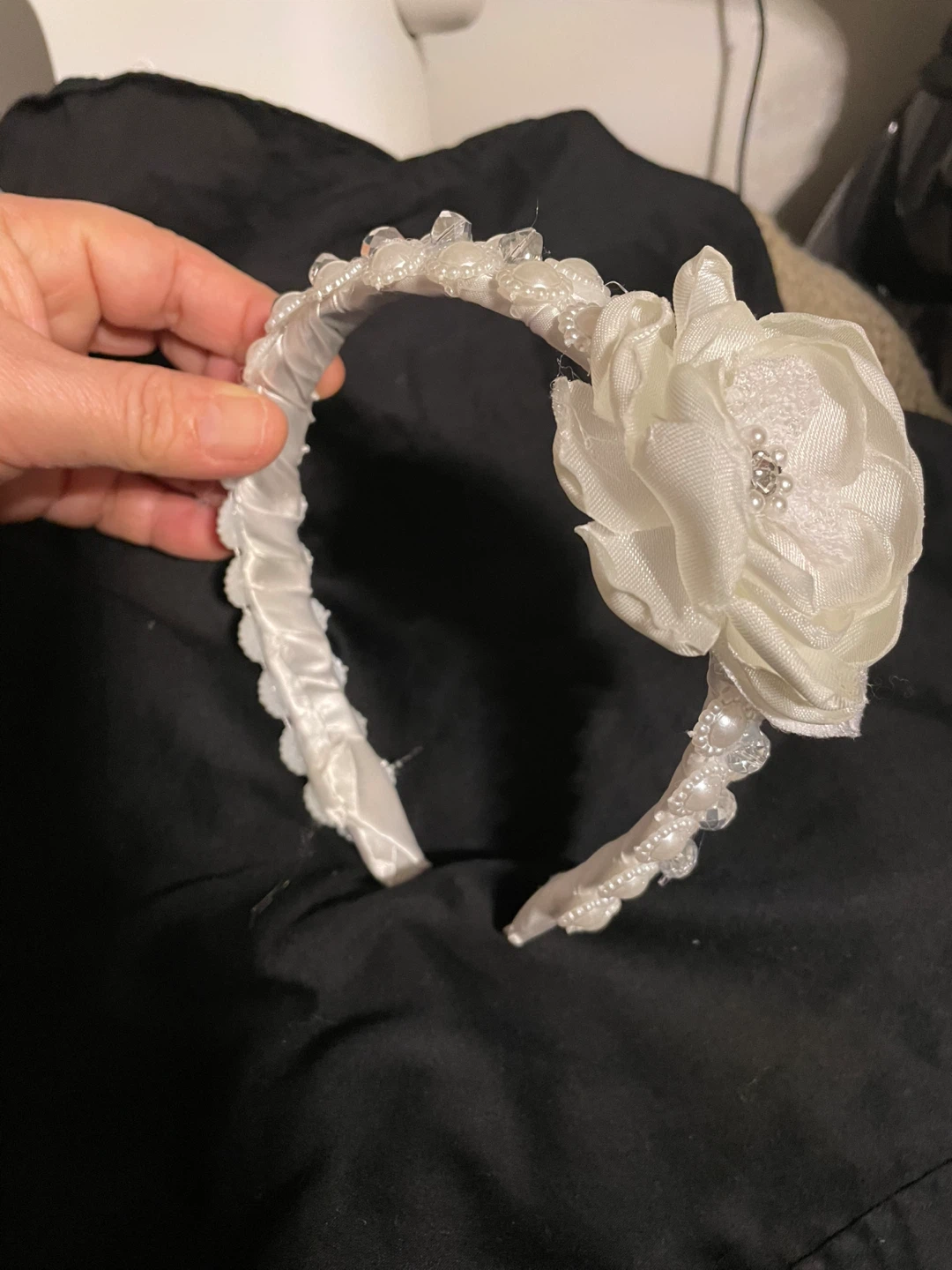 White Satin Headband with Flower. and Pearls