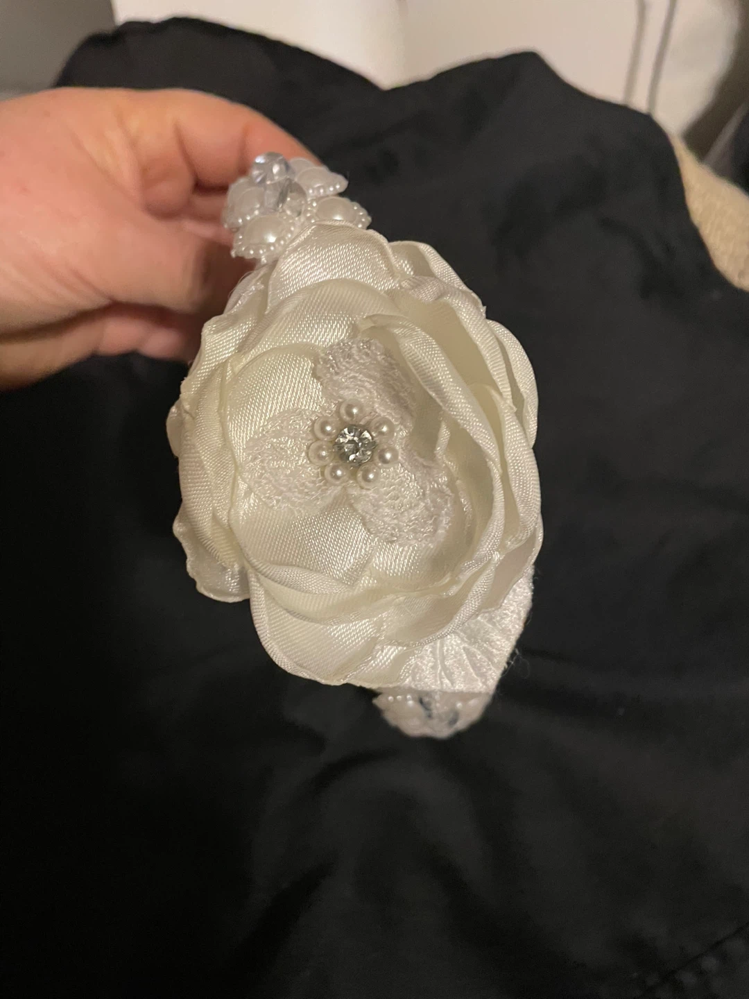White Satin Headband with Flower. and Pearls - photo 2