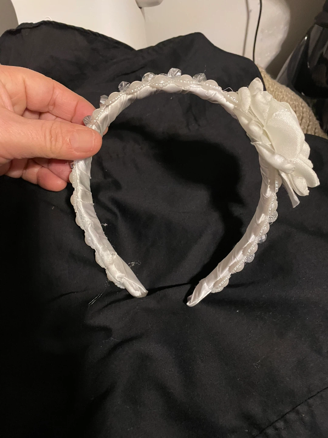 White Satin Headband with Flower. and Pearls - photo 3