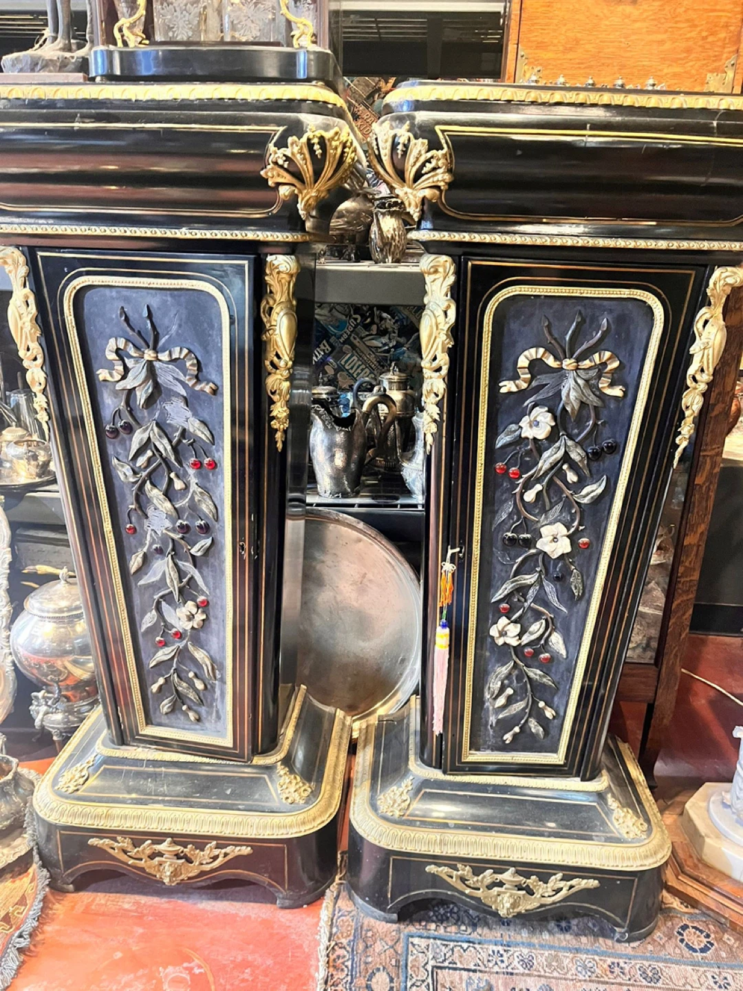 Pair of Hardstone, Gilted Bronze, Marquetry and Ebonised Wood