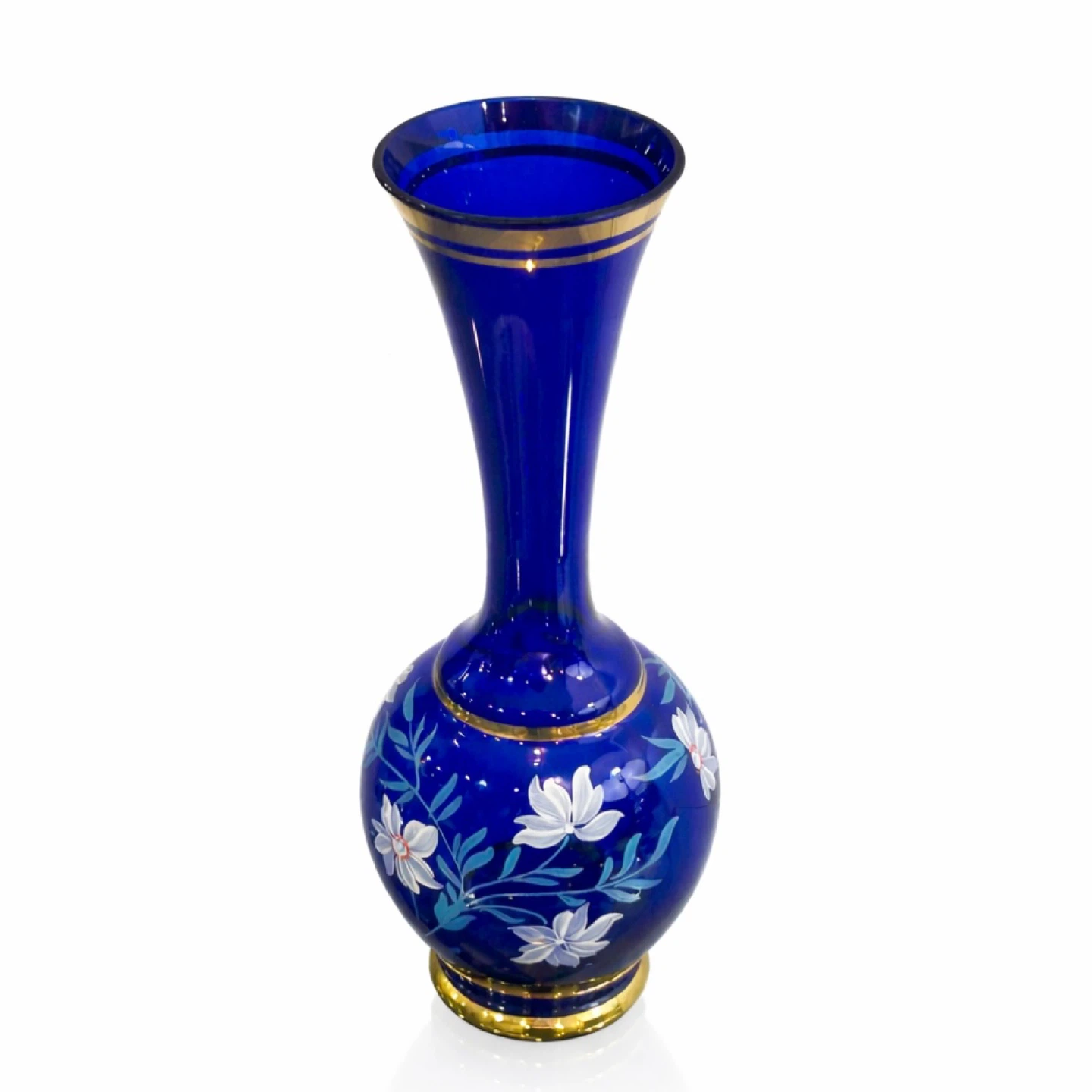 Cobalt Blue Gilt Glass Vase, Hand-Painted Enamel - photo 3