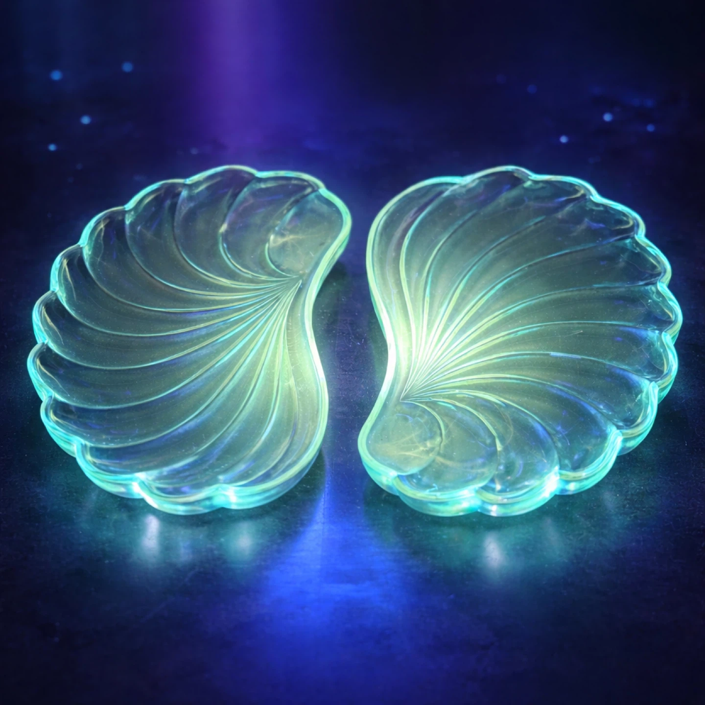 Shell Aqua Pressed Glass Dishes, Manganese Glow, 1960s - photo 2