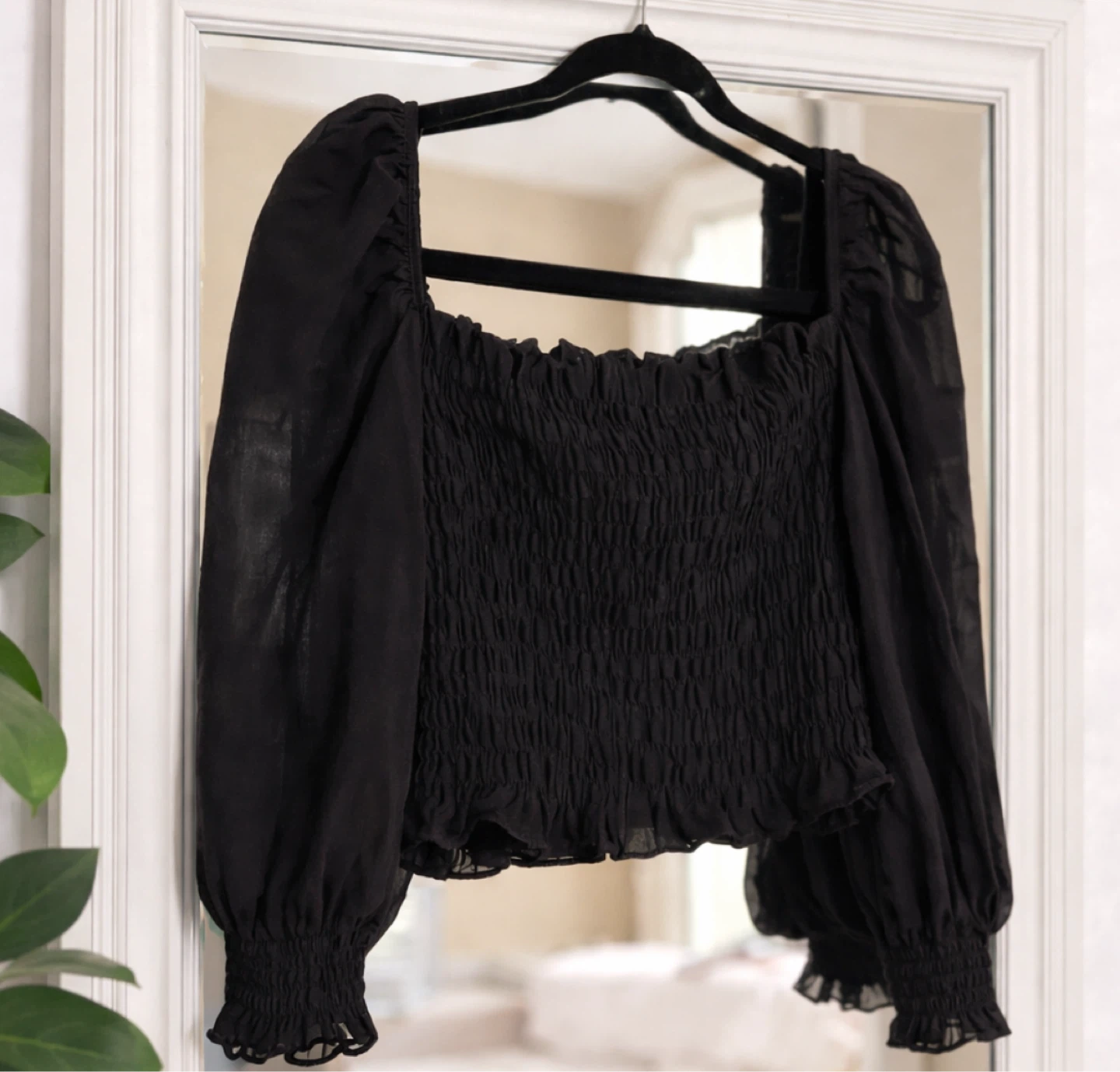 H&M Black Smocked Square Neck Blouse