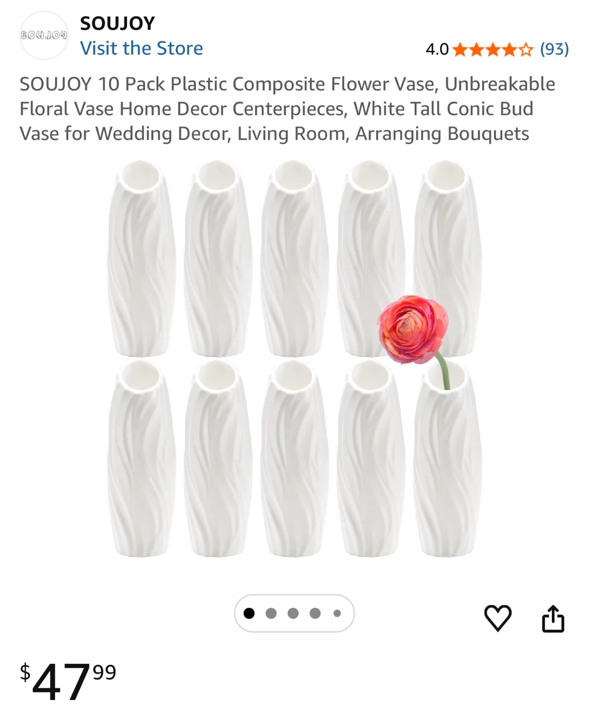 SOUJOY 10 Pack White Plastic Composite Flower Vases