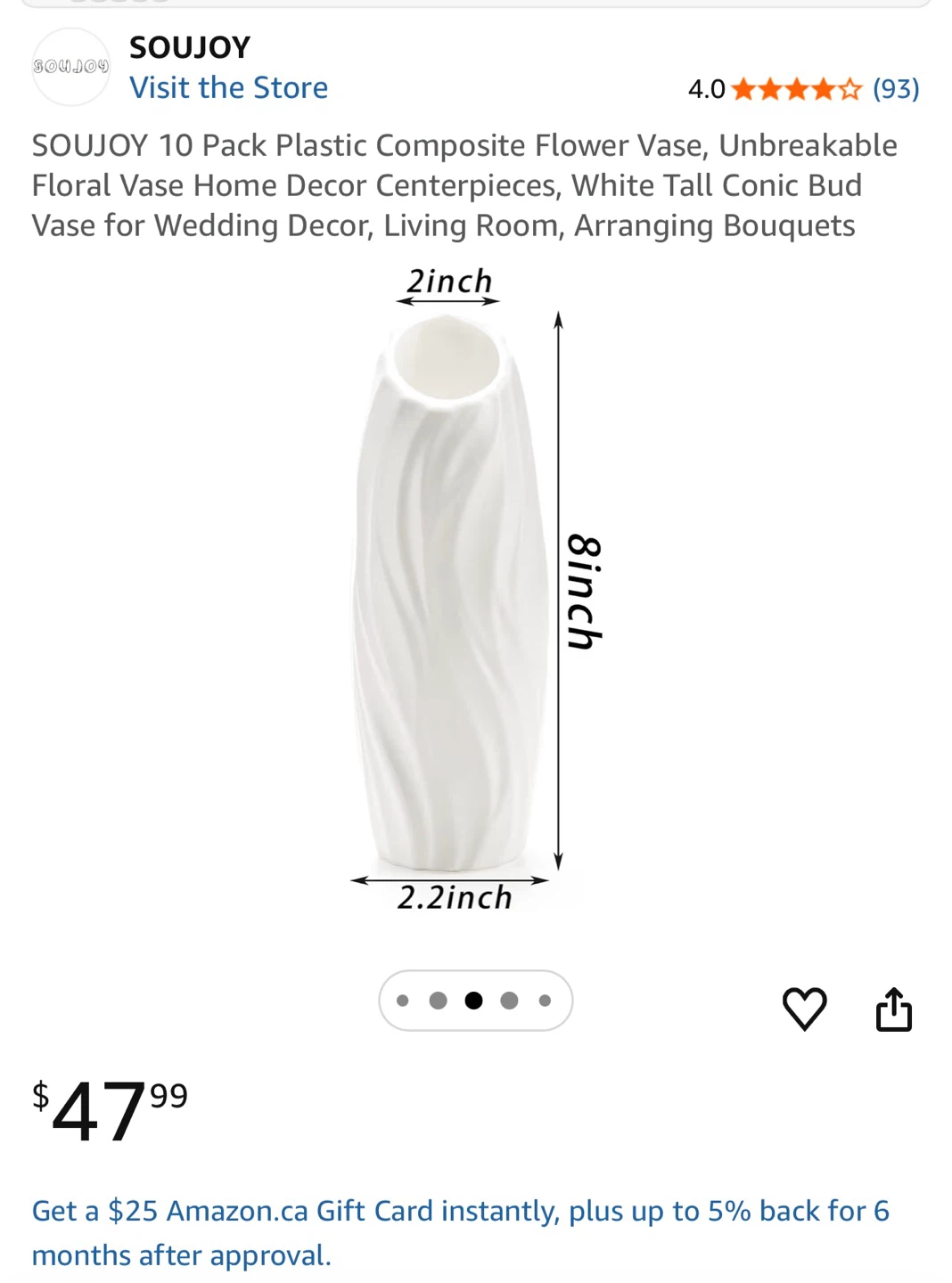 SOUJOY 10 Pack White Plastic Composite Flower Vases - photo 2