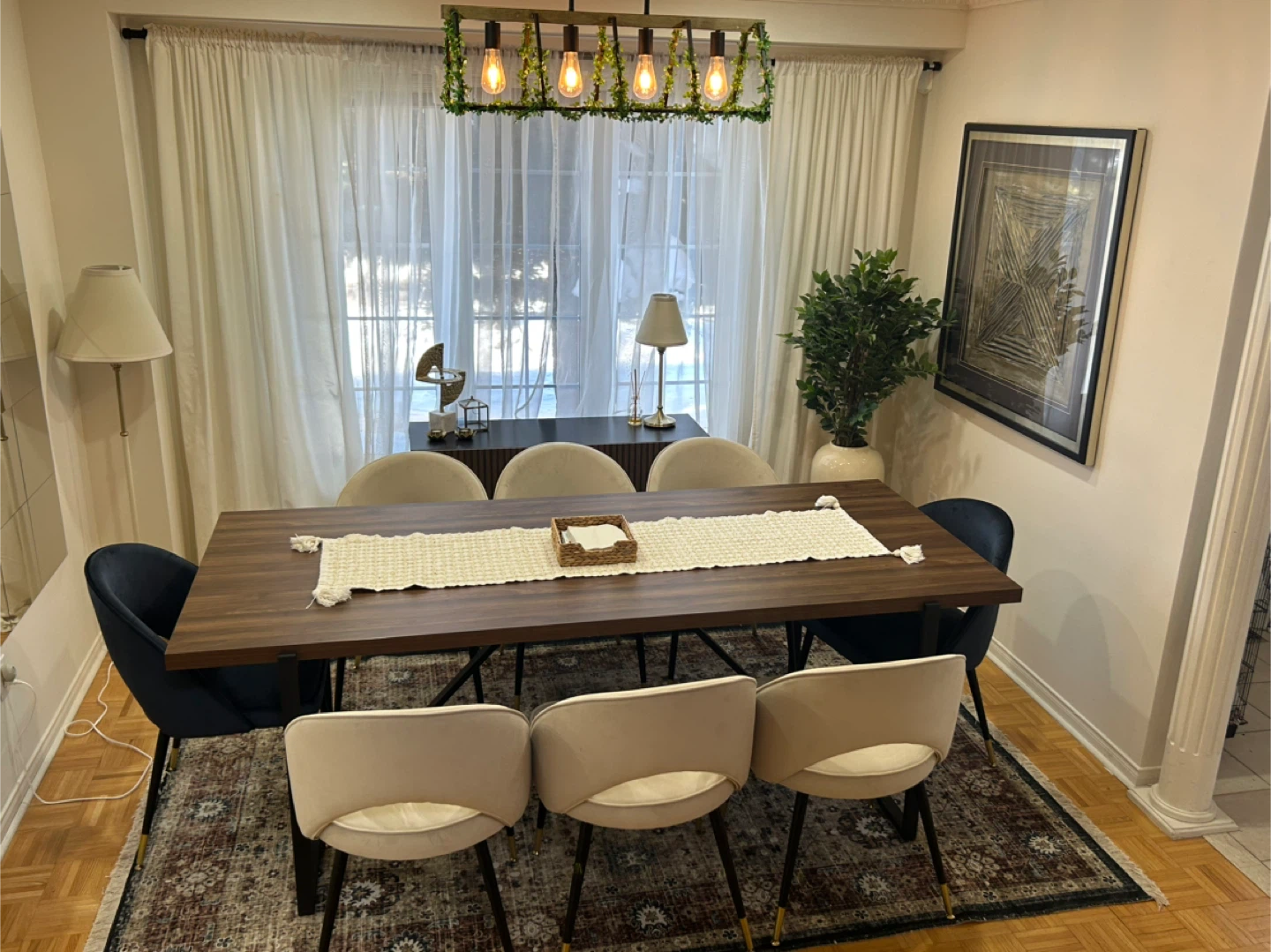 Modern Walnut Dining Table with Upholstered Chairs