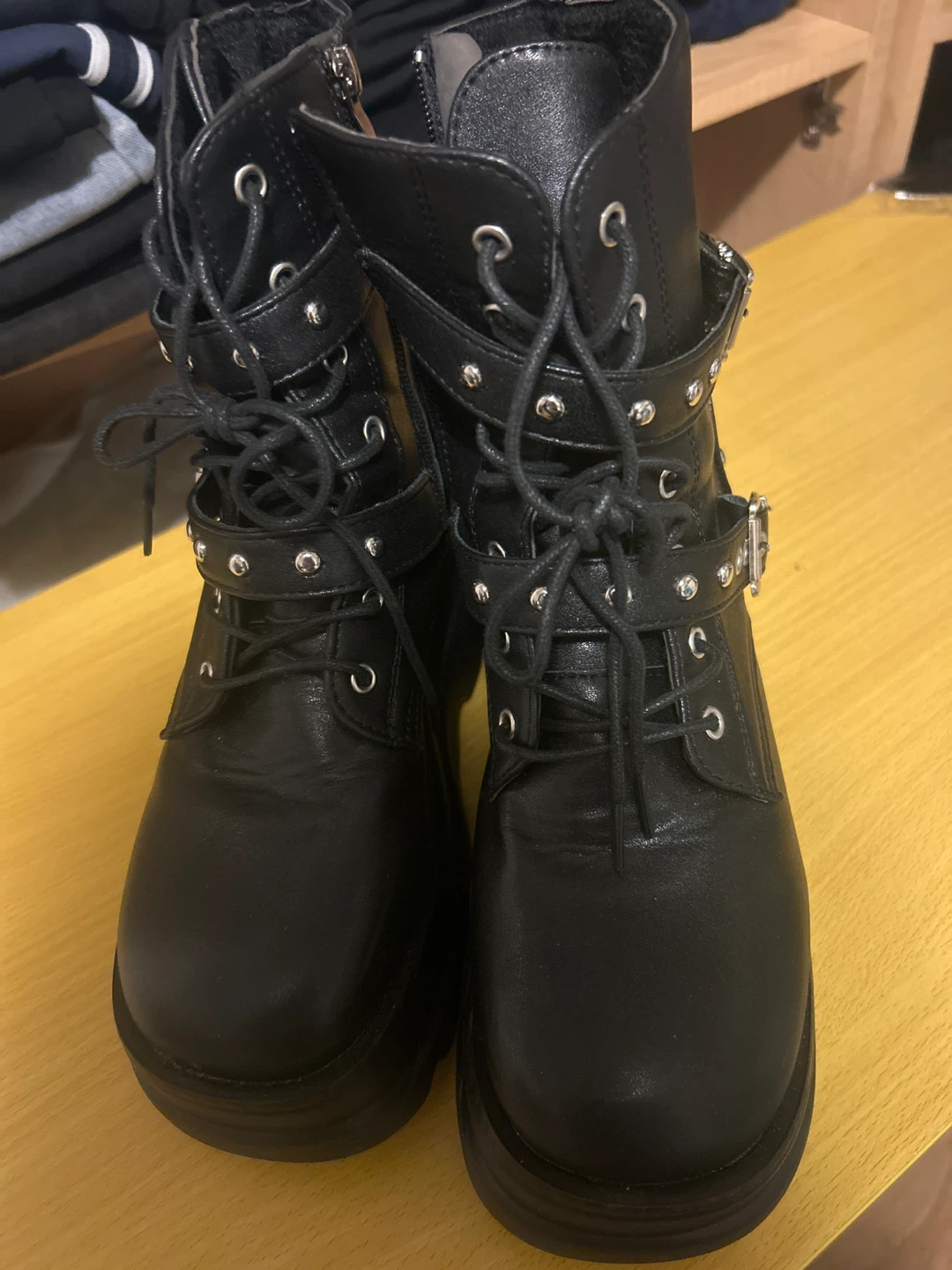 Black Platform Combat Boots with Buckles & Studs