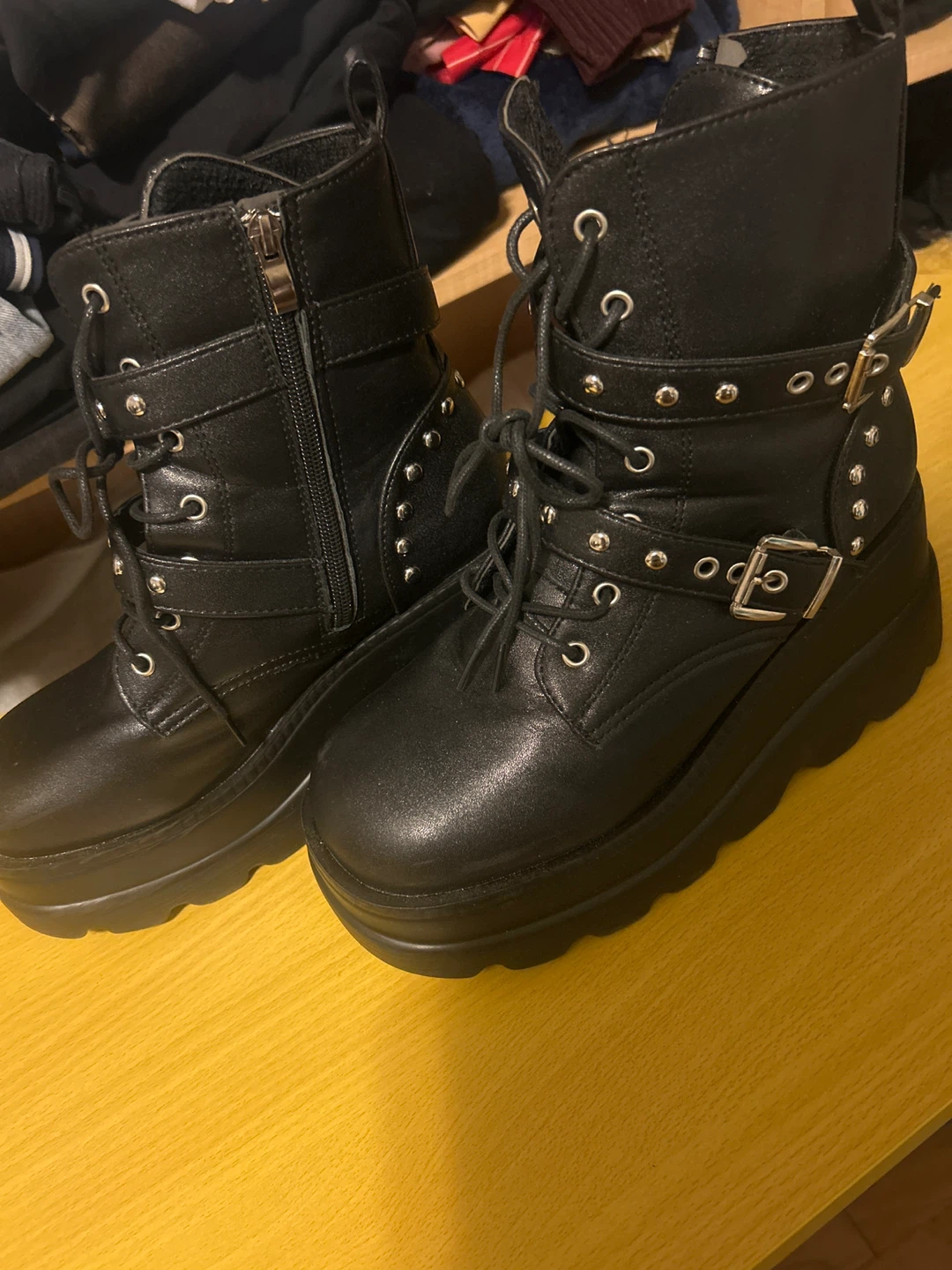 Black Platform Combat Boots with Buckles & Studs - photo 2