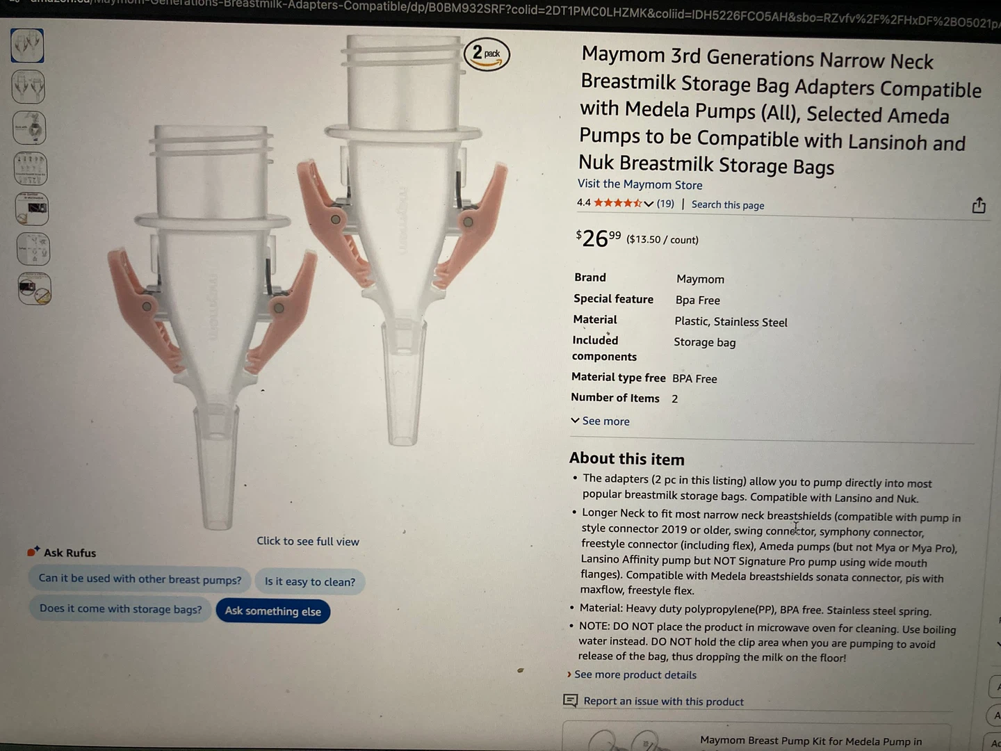 Narrow Neck Breastmilk Storage Bag Adapters (2 pc)