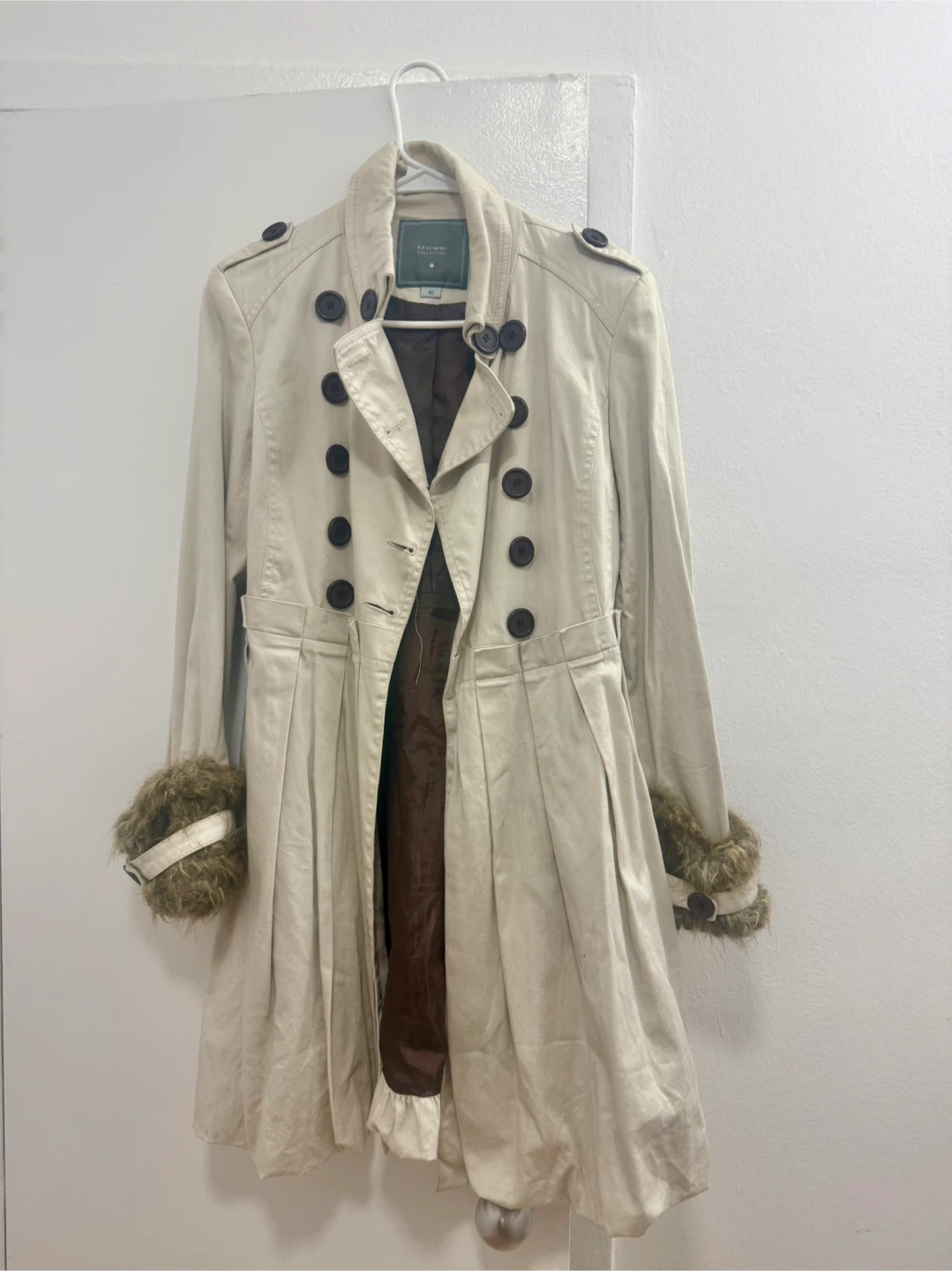 Beige Double-Breasted Trench Coat with Faux Fur Cuffs