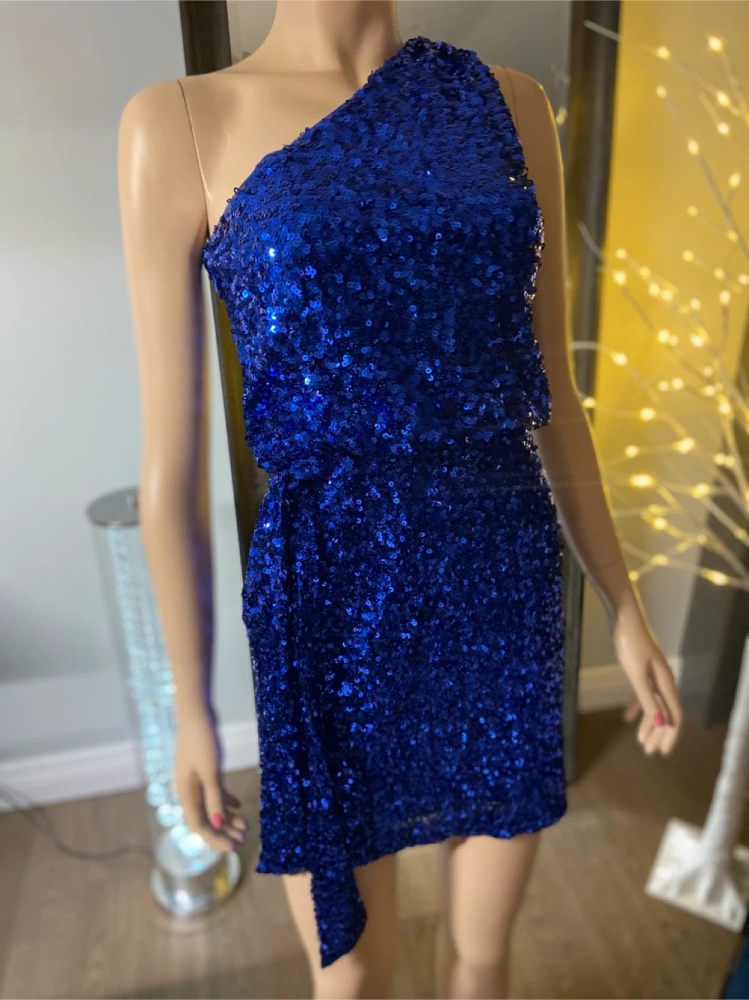 NWT: AQUA Sparkly Sequin Blue One-Shoulder Dress 0 - photo 5