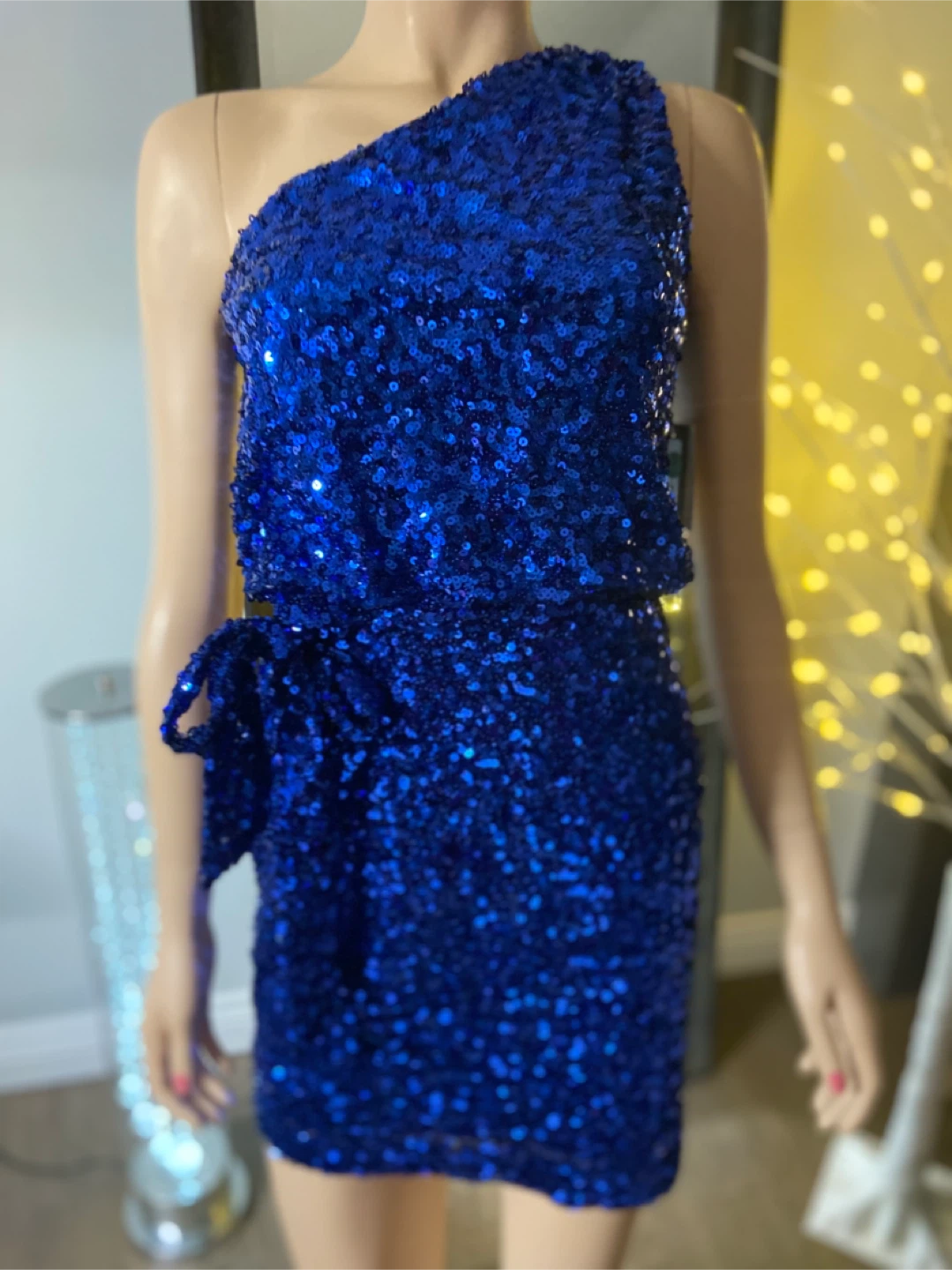 NWT: AQUA Sparkly Sequin Blue One-Shoulder Dress 0 - photo 3