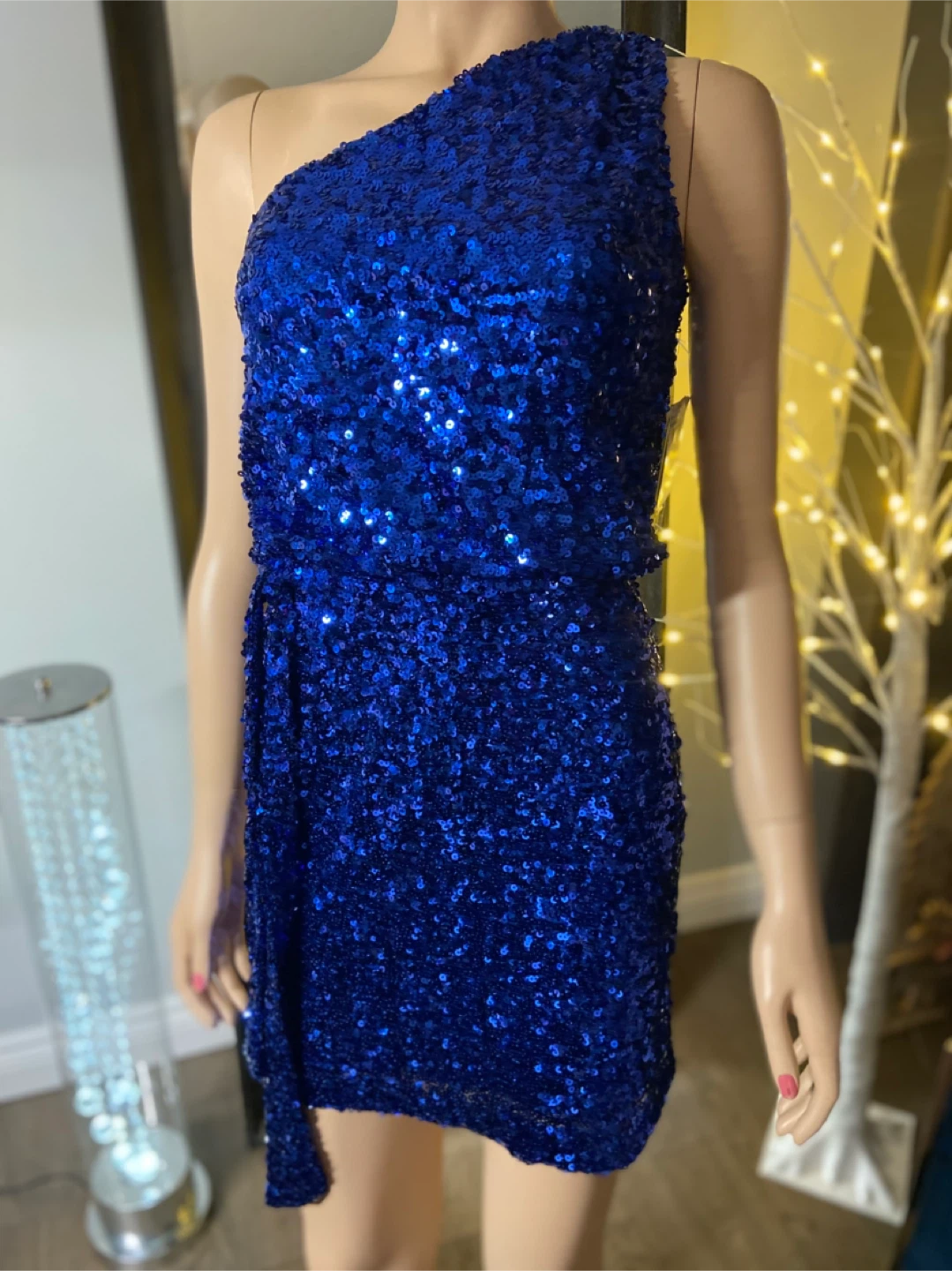 NWT: AQUA Sparkly Sequin Blue One-Shoulder Dress 0 - photo 2