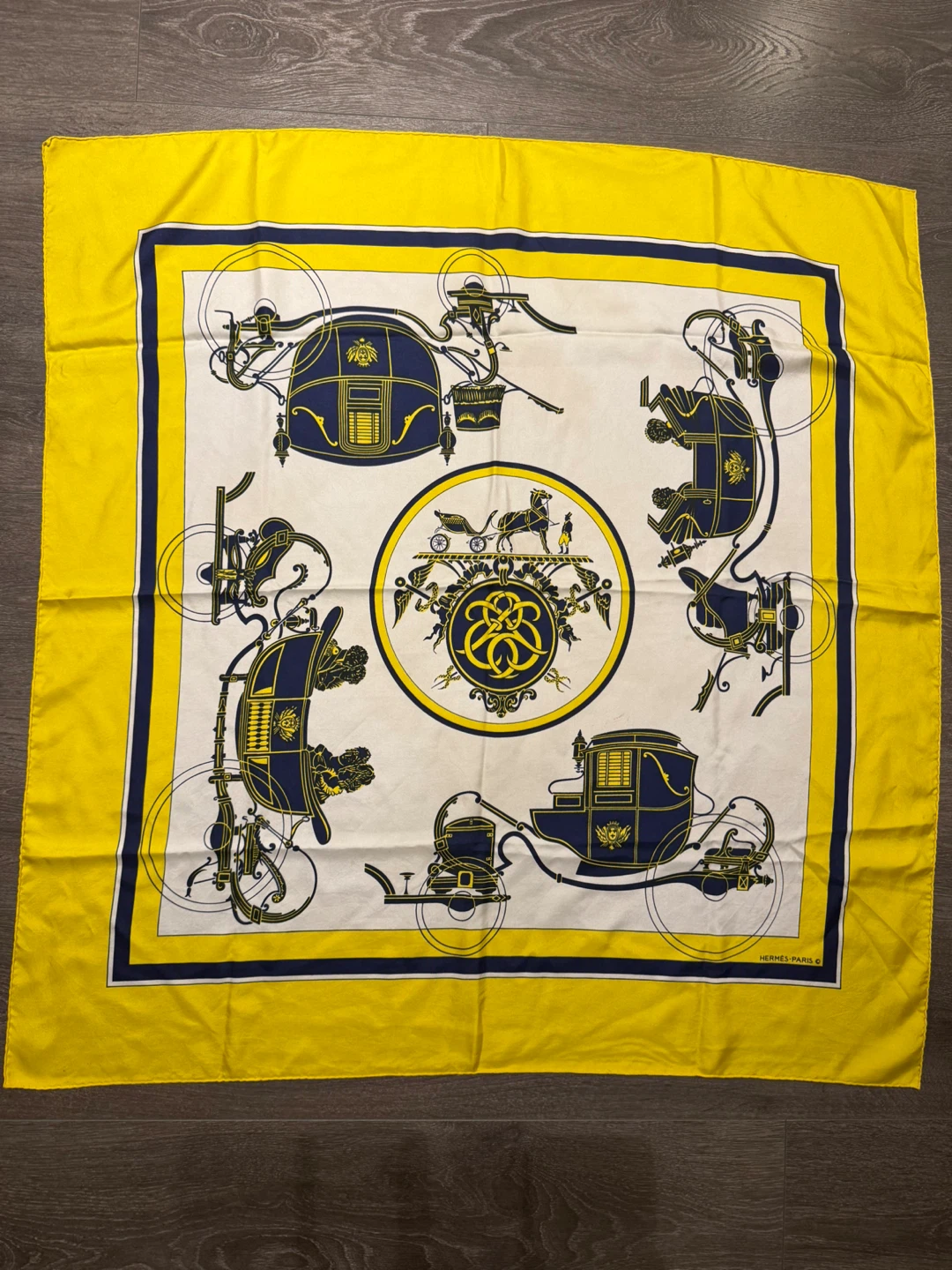 100% Authentic Hermes Scarf Silk Ex Libris Yellow Vintage Rear