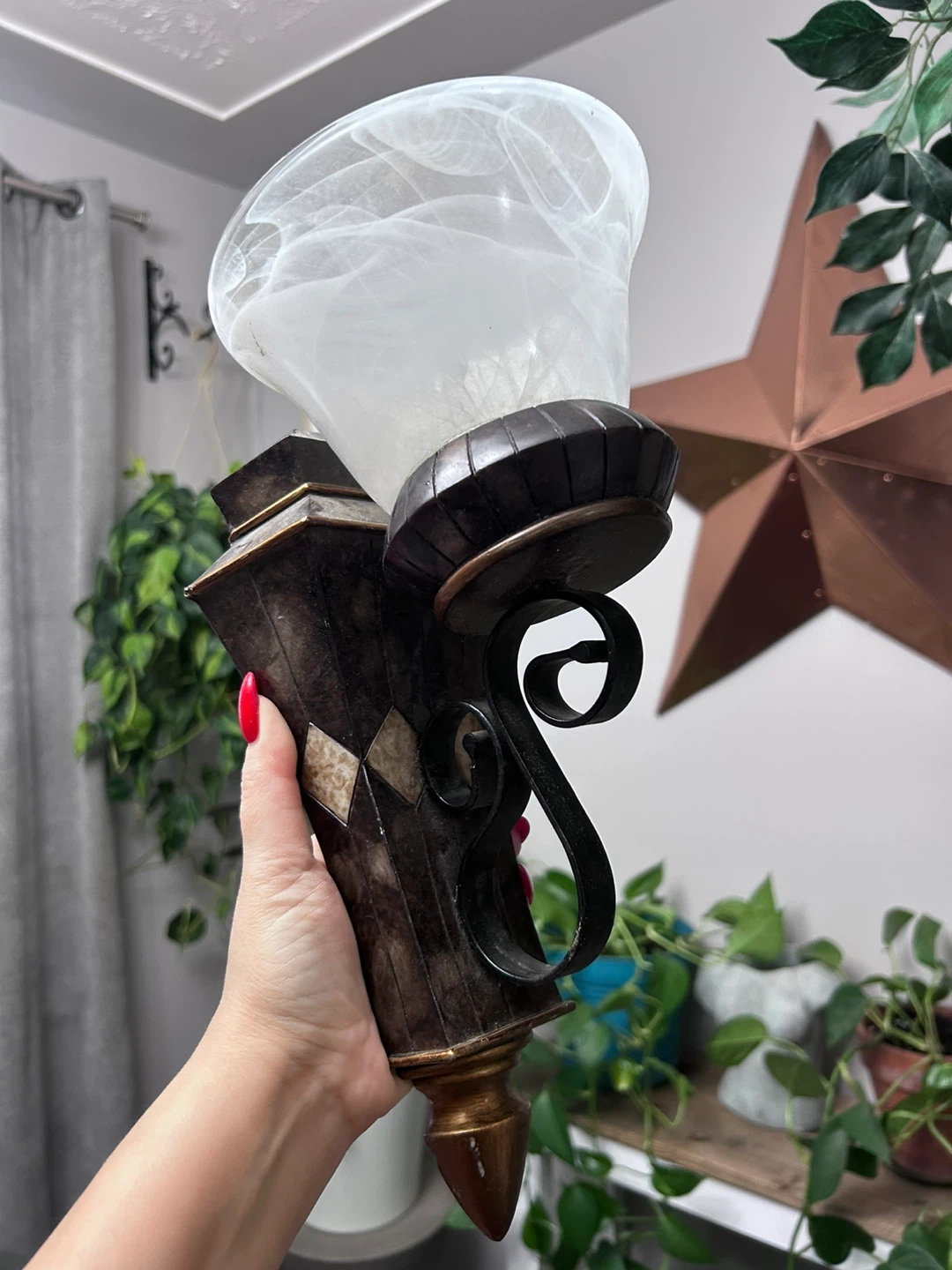 Rustic Bronze Wall Sconce with Swirl Glass Shade