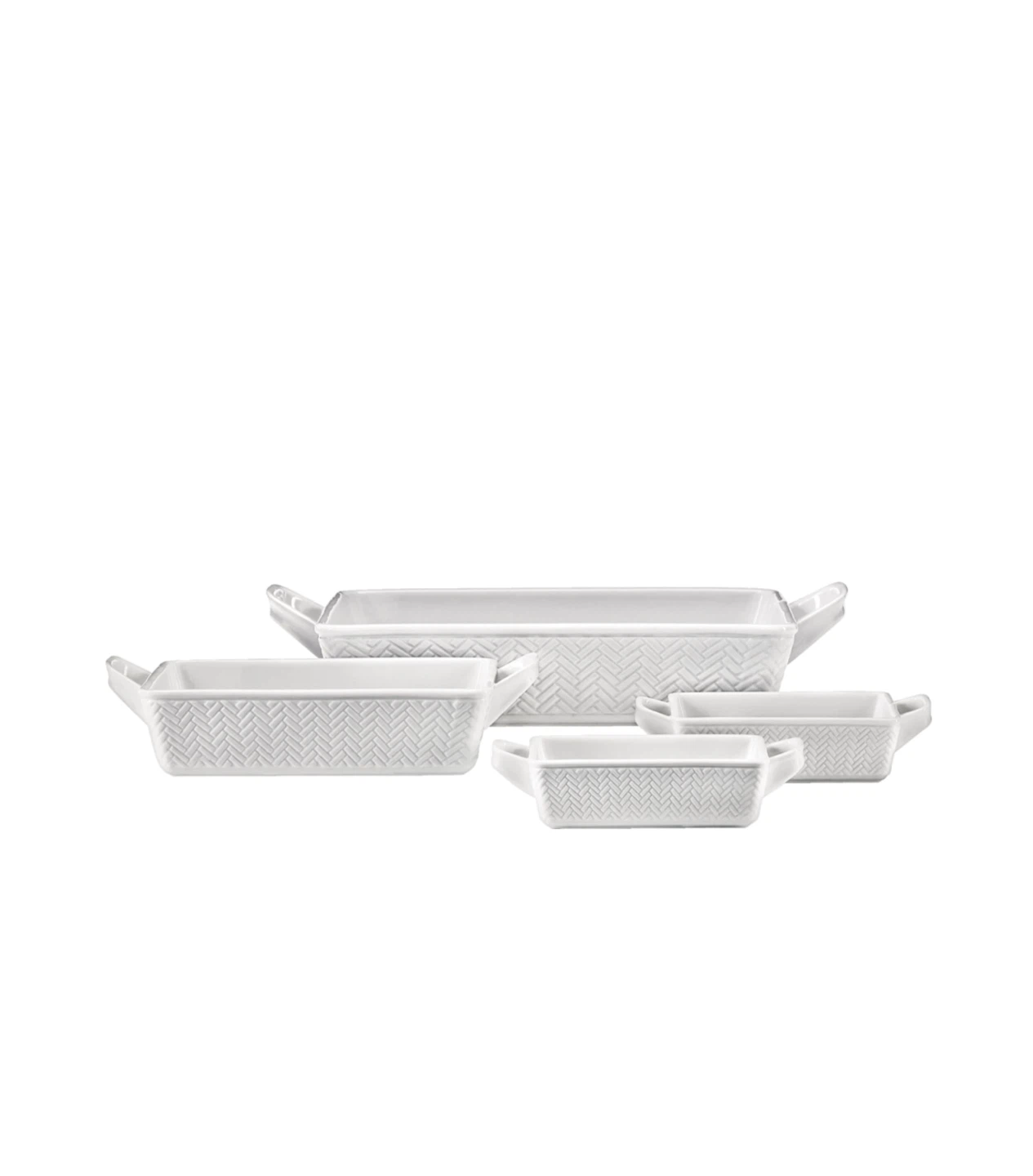 Set of 4 White Ceramic Ramekins with Herringbone Pattern