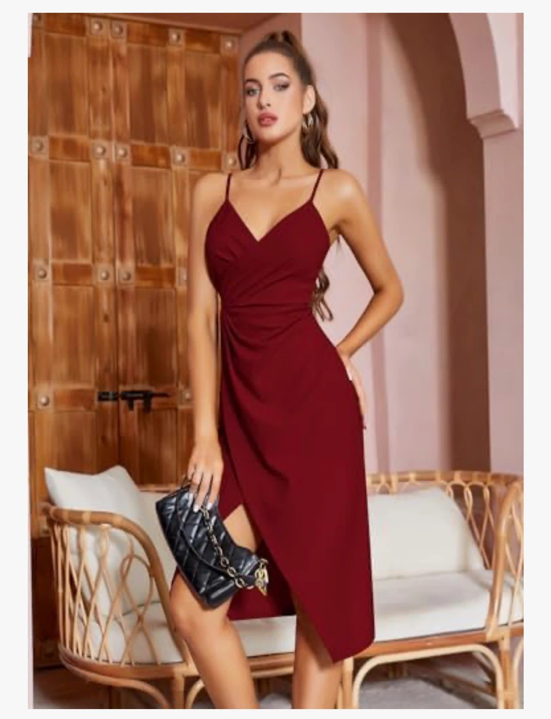 NEW! Missufe Elegant Bodycon Spaghetti Strap Burgundy Wrap Dress - photo 2