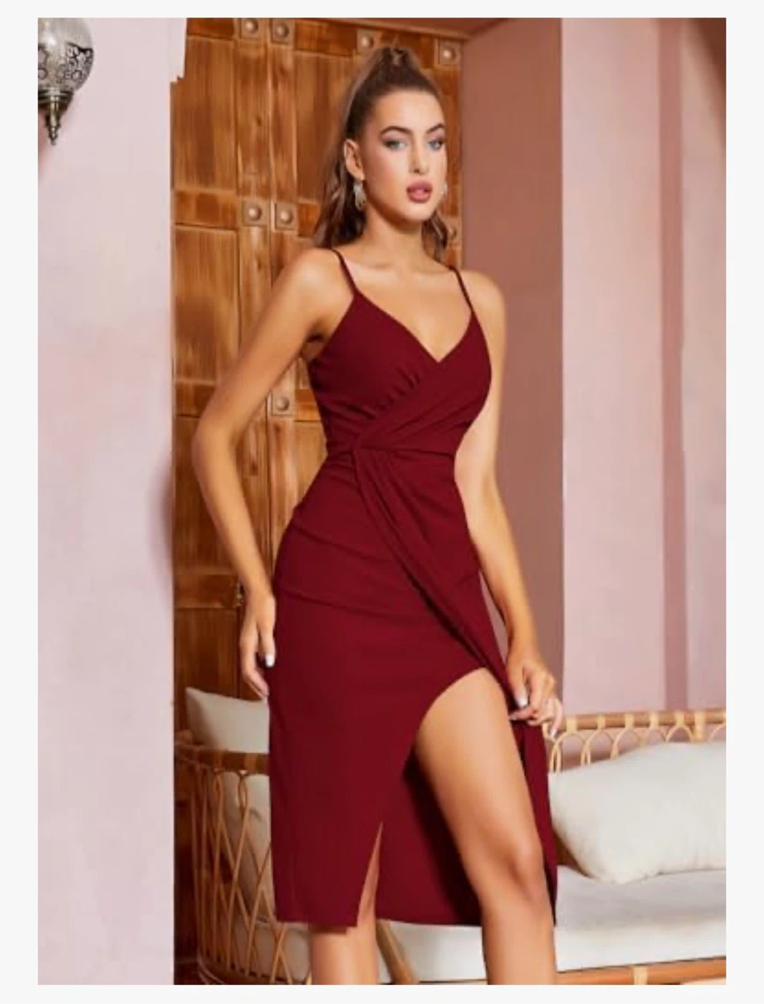 NEW! Missufe Elegant Bodycon Spaghetti Strap Burgundy Wrap Dress - photo 3