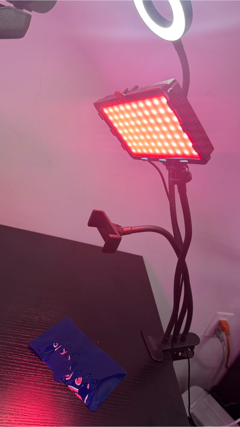 LED video light + ring light + phone holder (desk clamp) $25