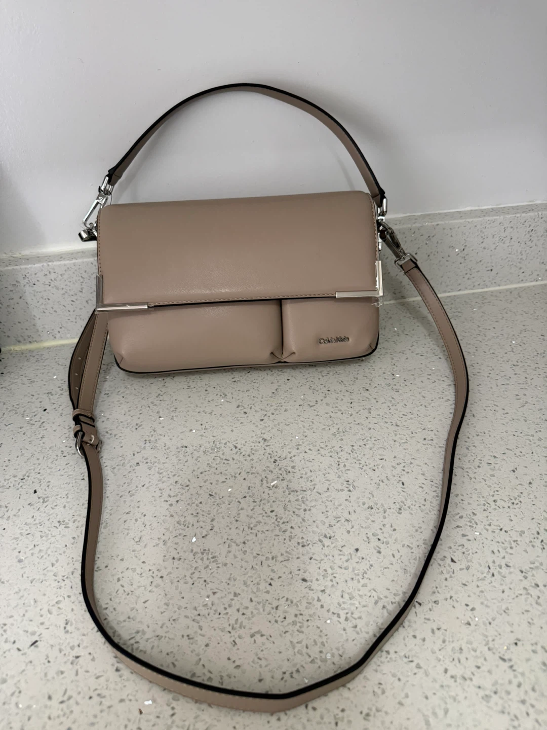Calvin Klein Taupe Leather Crossbody Shoulder Bag