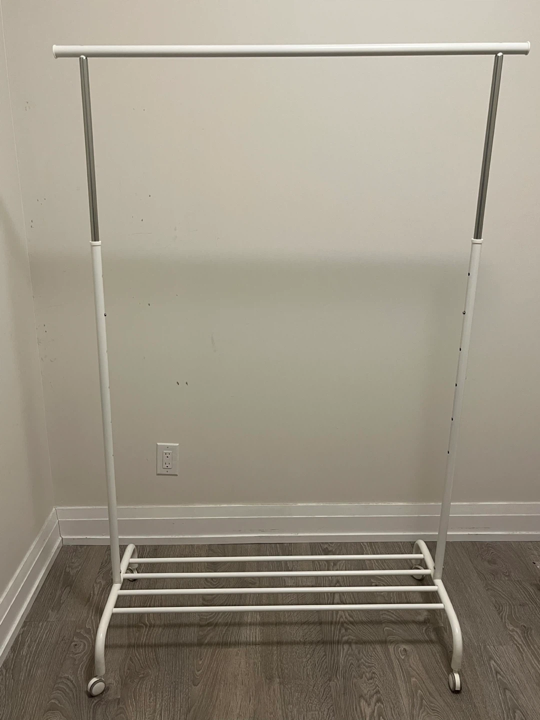 White Garment Rack with Wheels and Shelf