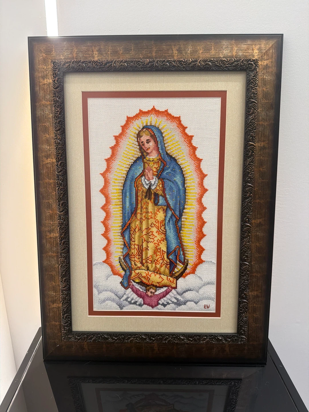 Framed Virgin of Guadalupe Cross Stitch Art - photo 4