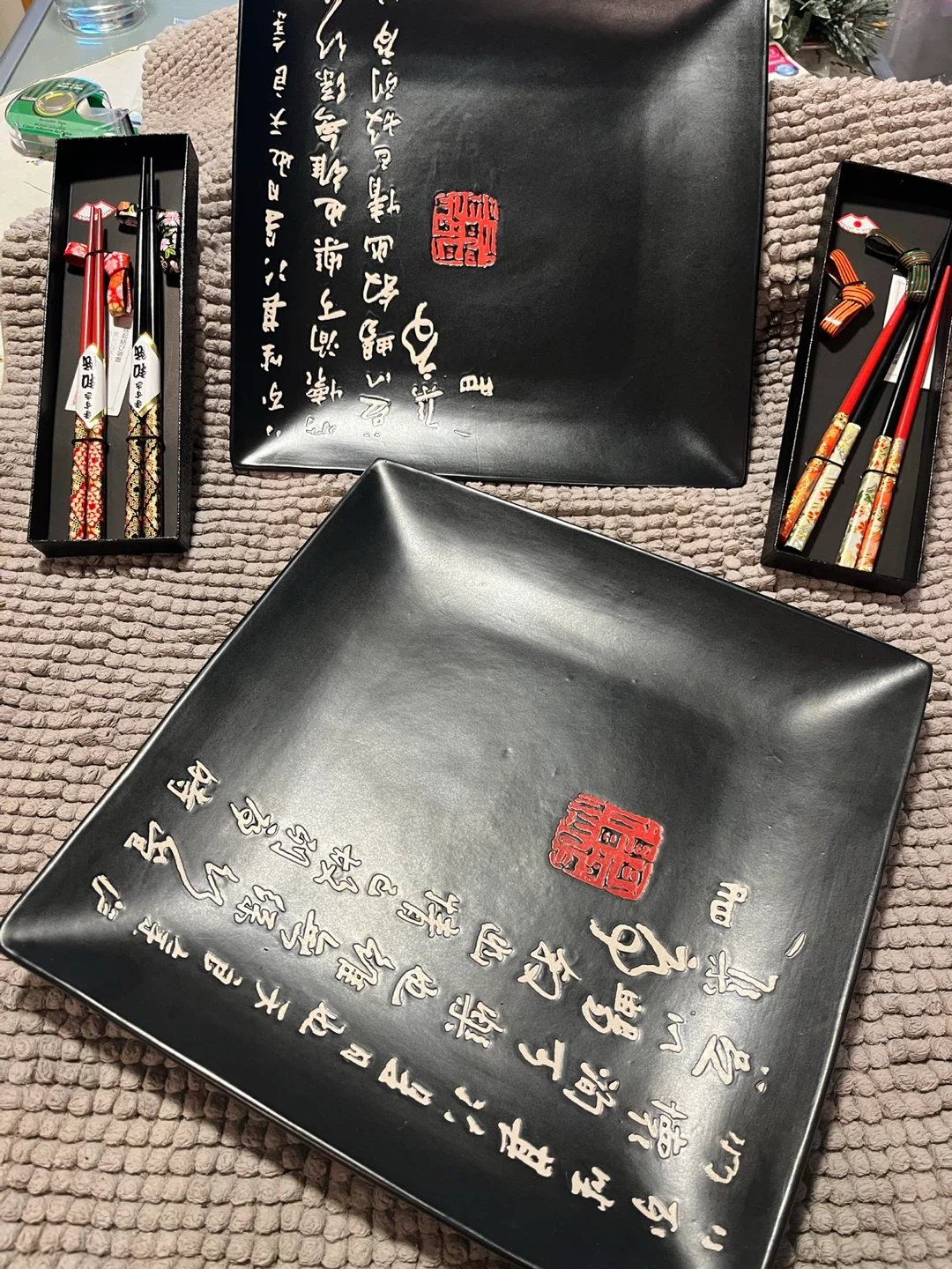 Black Square Plates with Chopsticks Set - photo 2