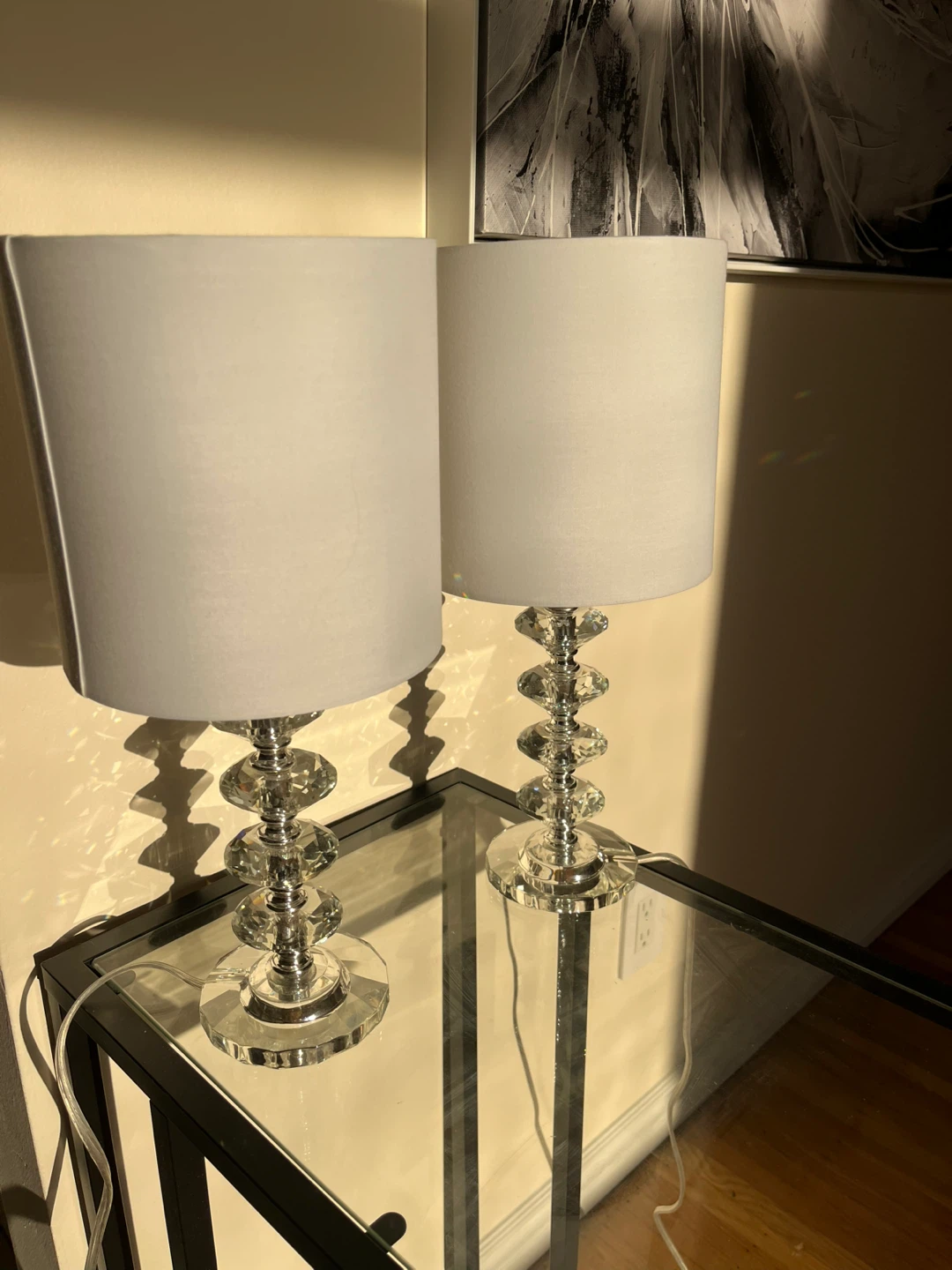 Pair of Crystal Table Lamps with White Fabric Shades