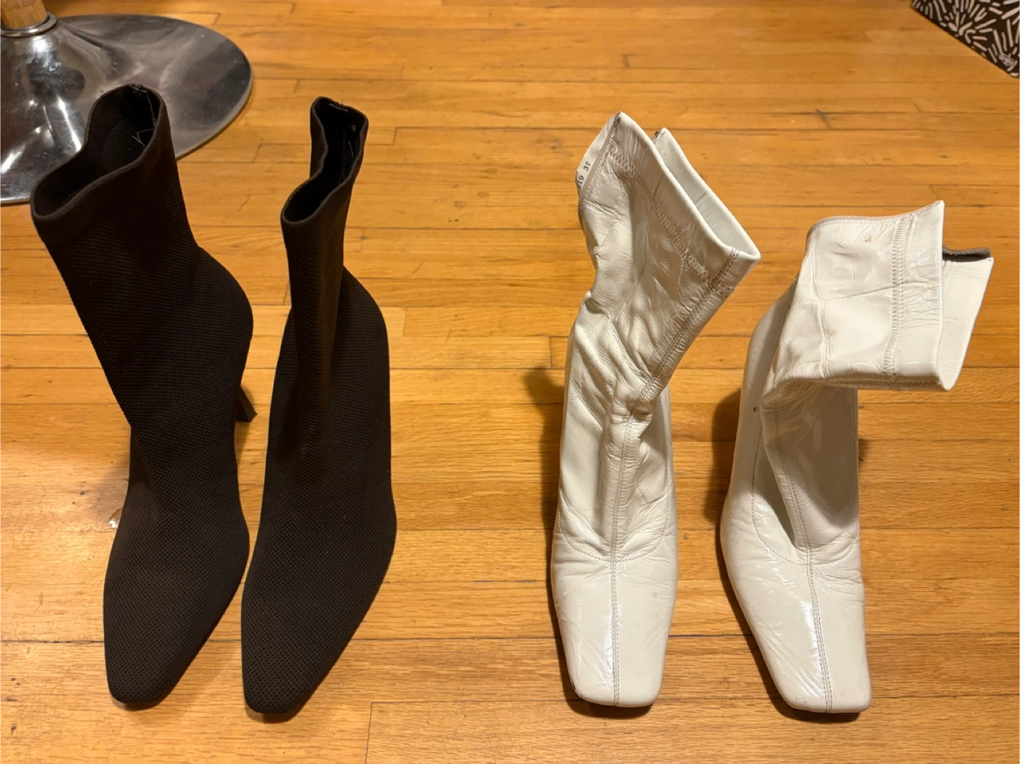 Women's Ankle Boots - White Leather & Black Knit
