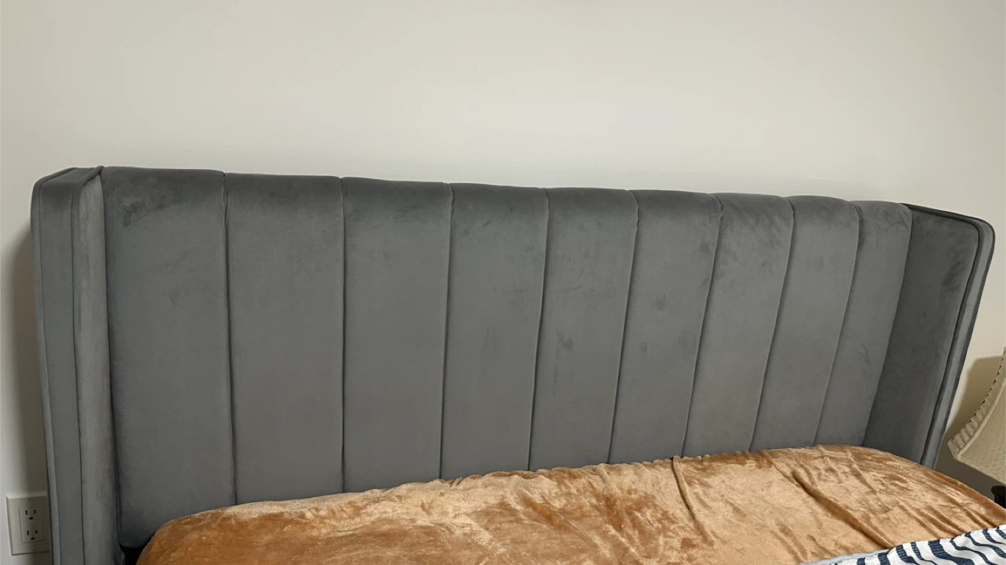 Grey Velvet Queen Bed Frame with Upholstered Headboard - photo 2