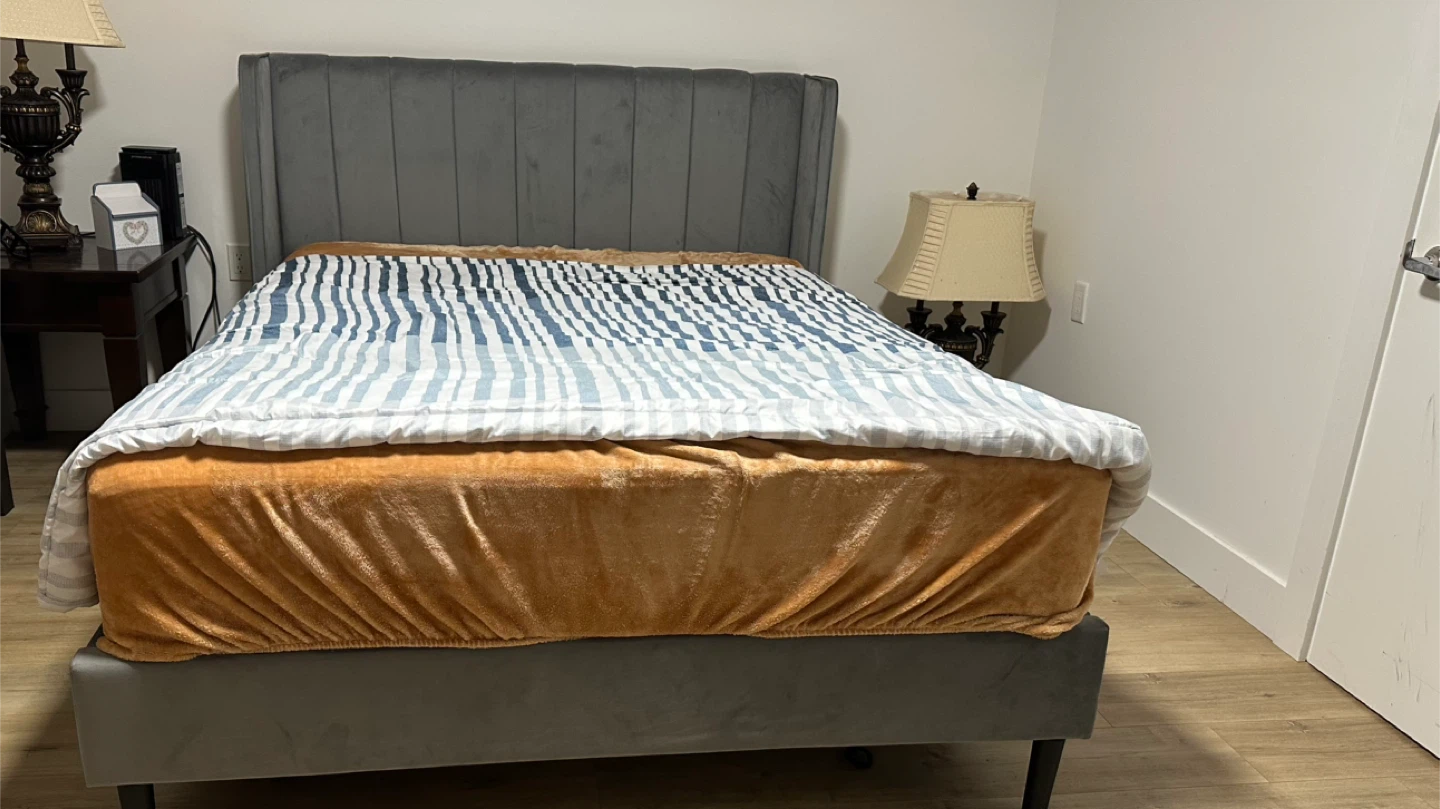 Grey Velvet Queen Bed Frame with Upholstered Headboard