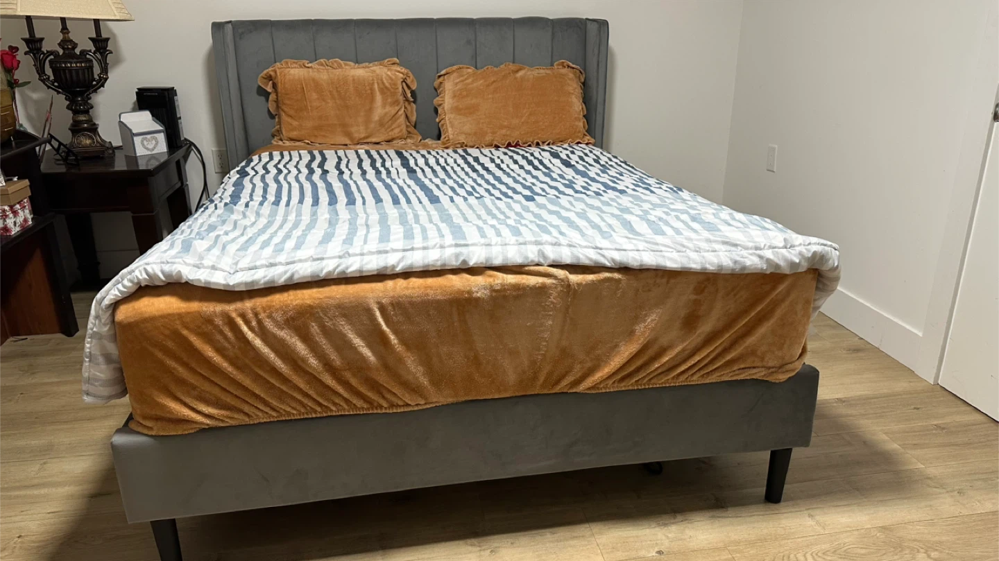 Grey Velvet Queen Bed Frame with Upholstered Headboard - photo 3