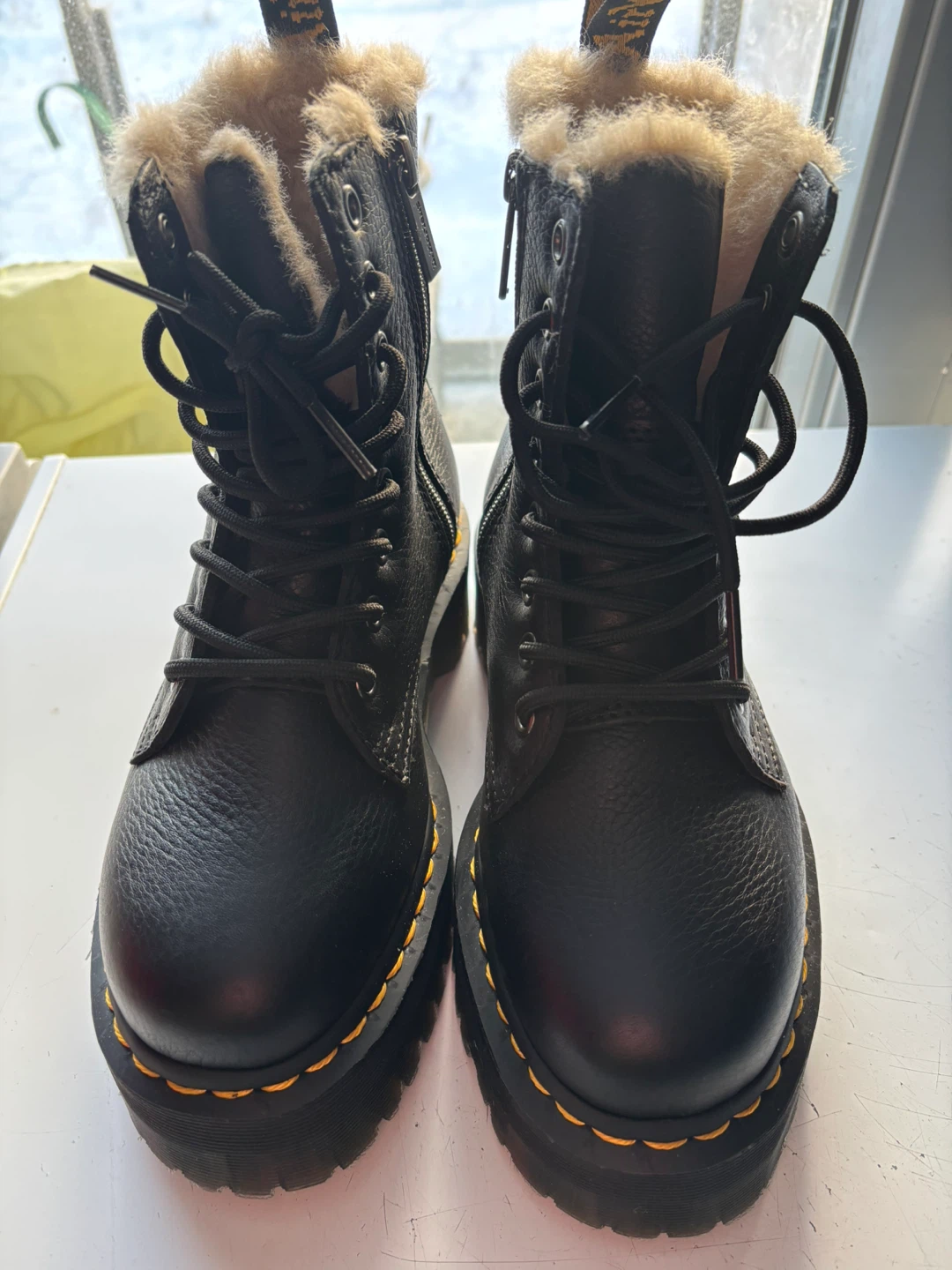 Dr. Martens Black Leather Fur-Lined Platform Boots