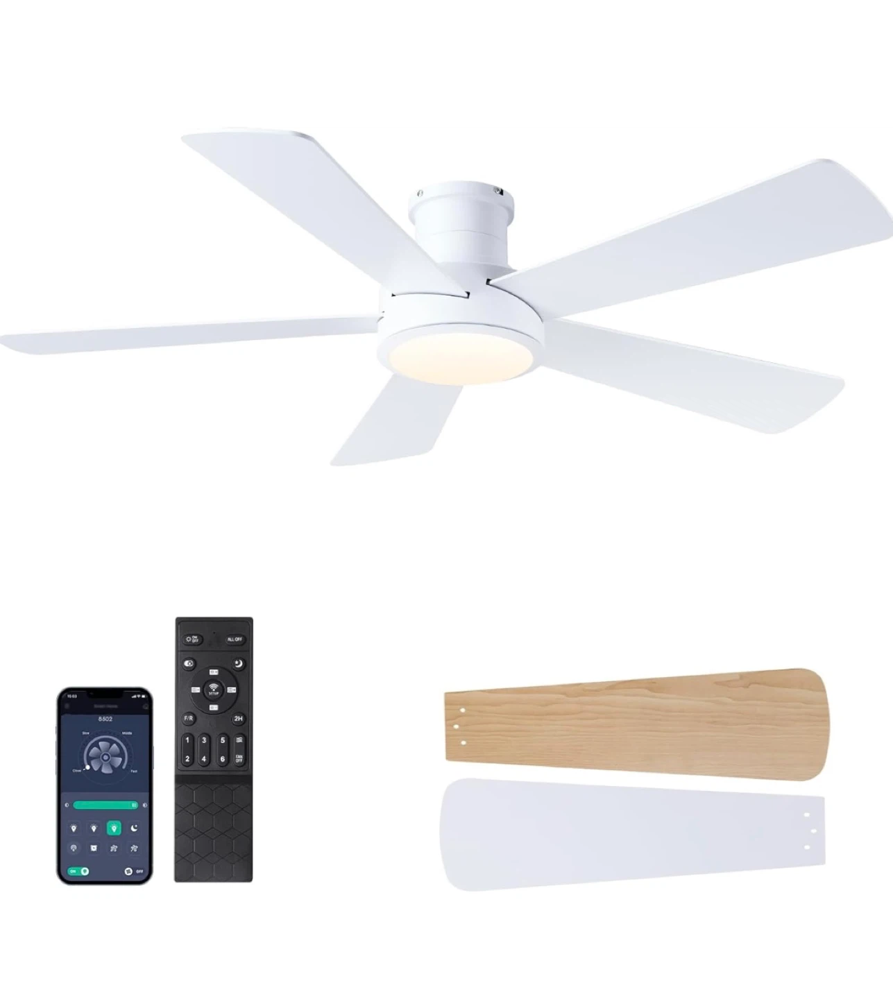 White 52" Flush Mount Ceiling Fan with Light