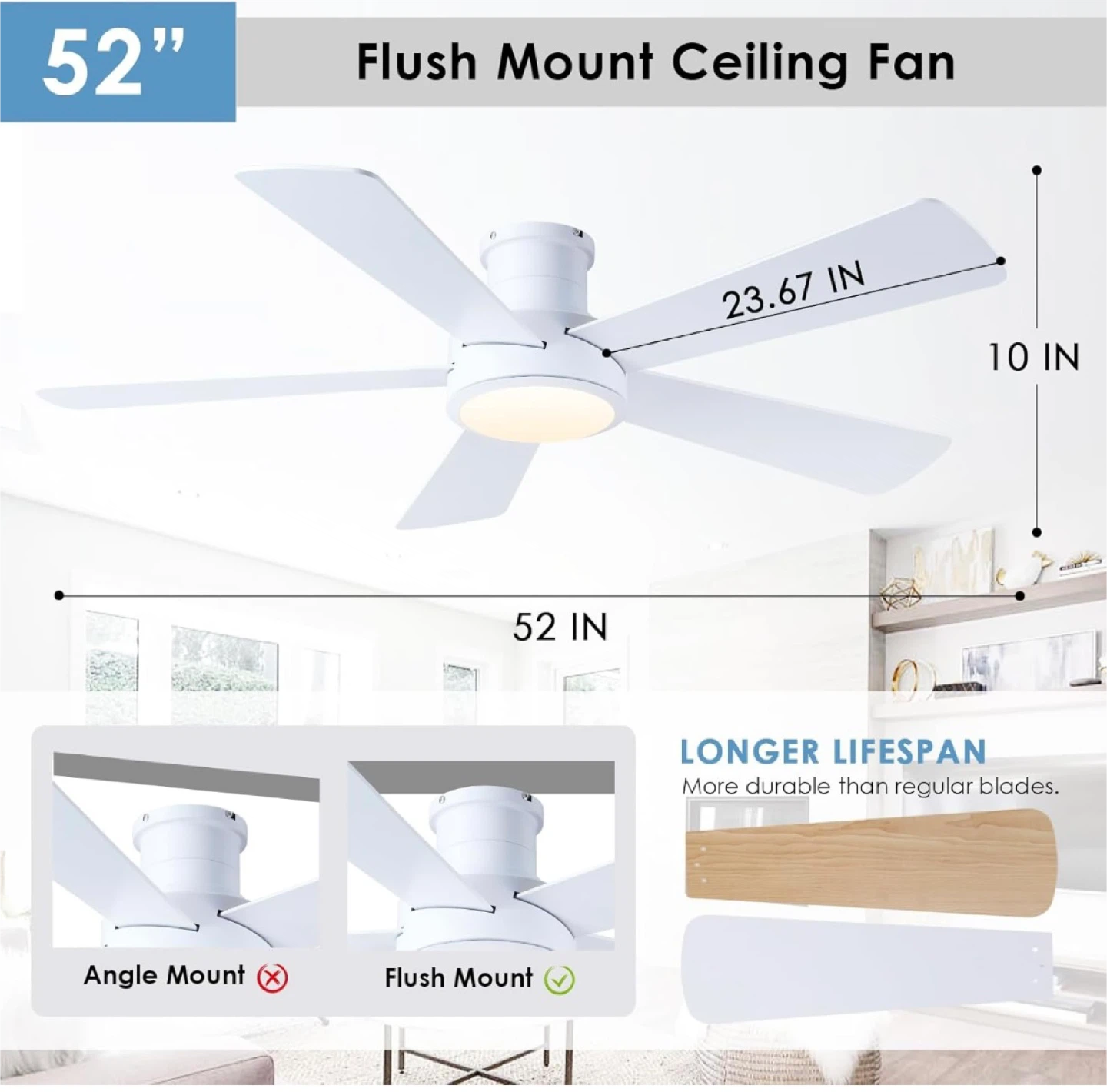 White 52" Flush Mount Ceiling Fan with Light - photo 4