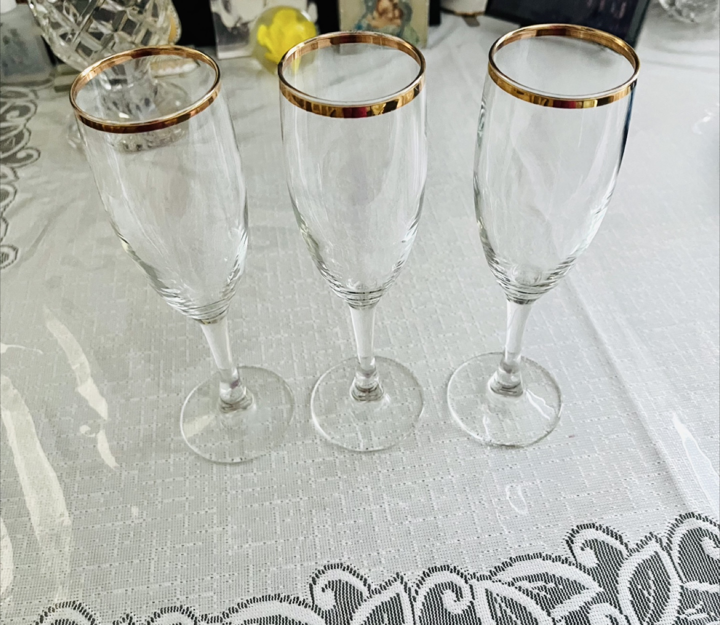 Set of 3 Champagne Flutes with Gold Rim