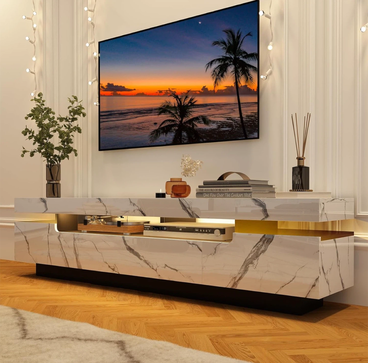 White Tv stand and Marble Coffee Table with Gold Legs