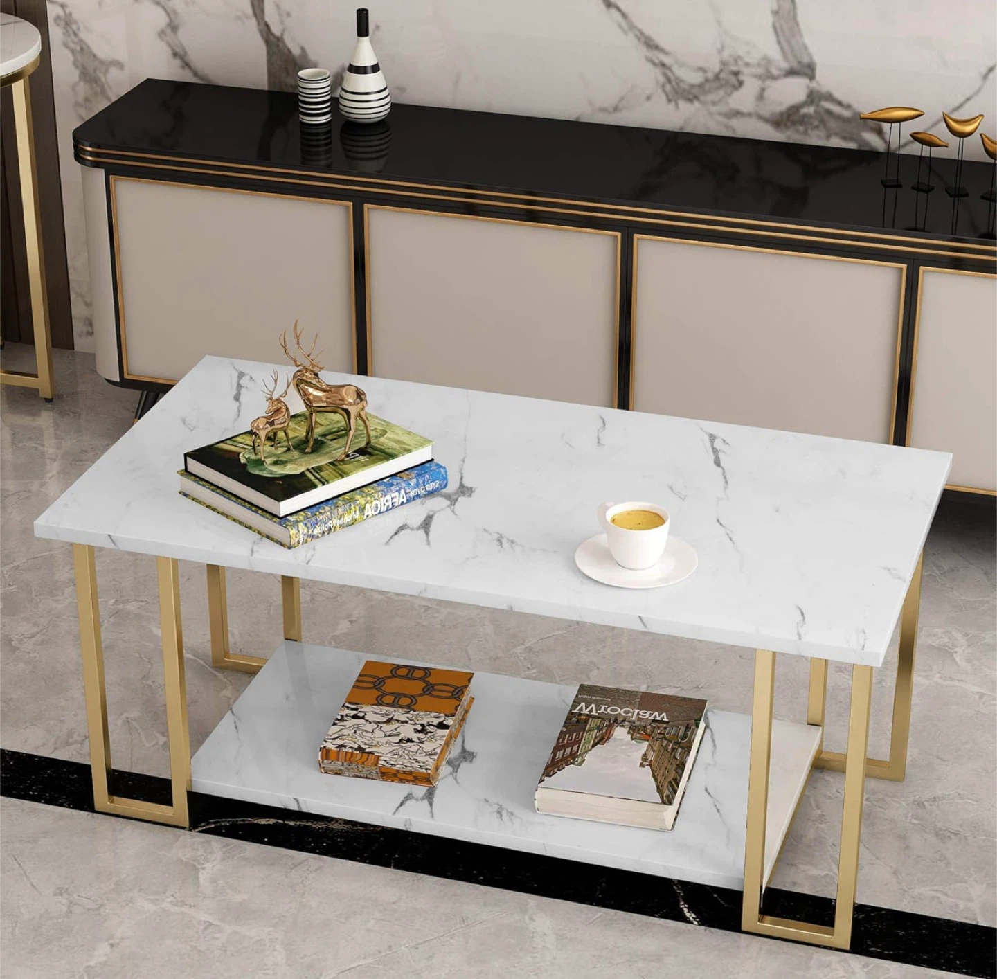 White Tv stand and Marble Coffee Table with Gold Legs - photo 2