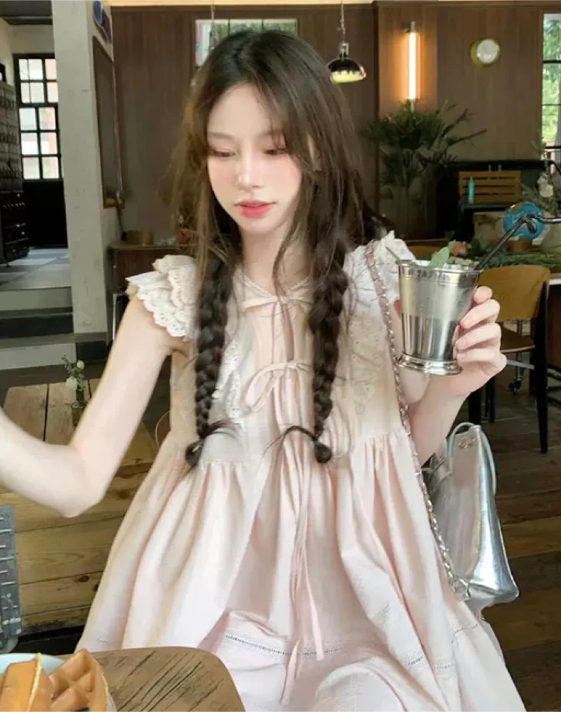 Pink Lace Trim Babydoll Dress