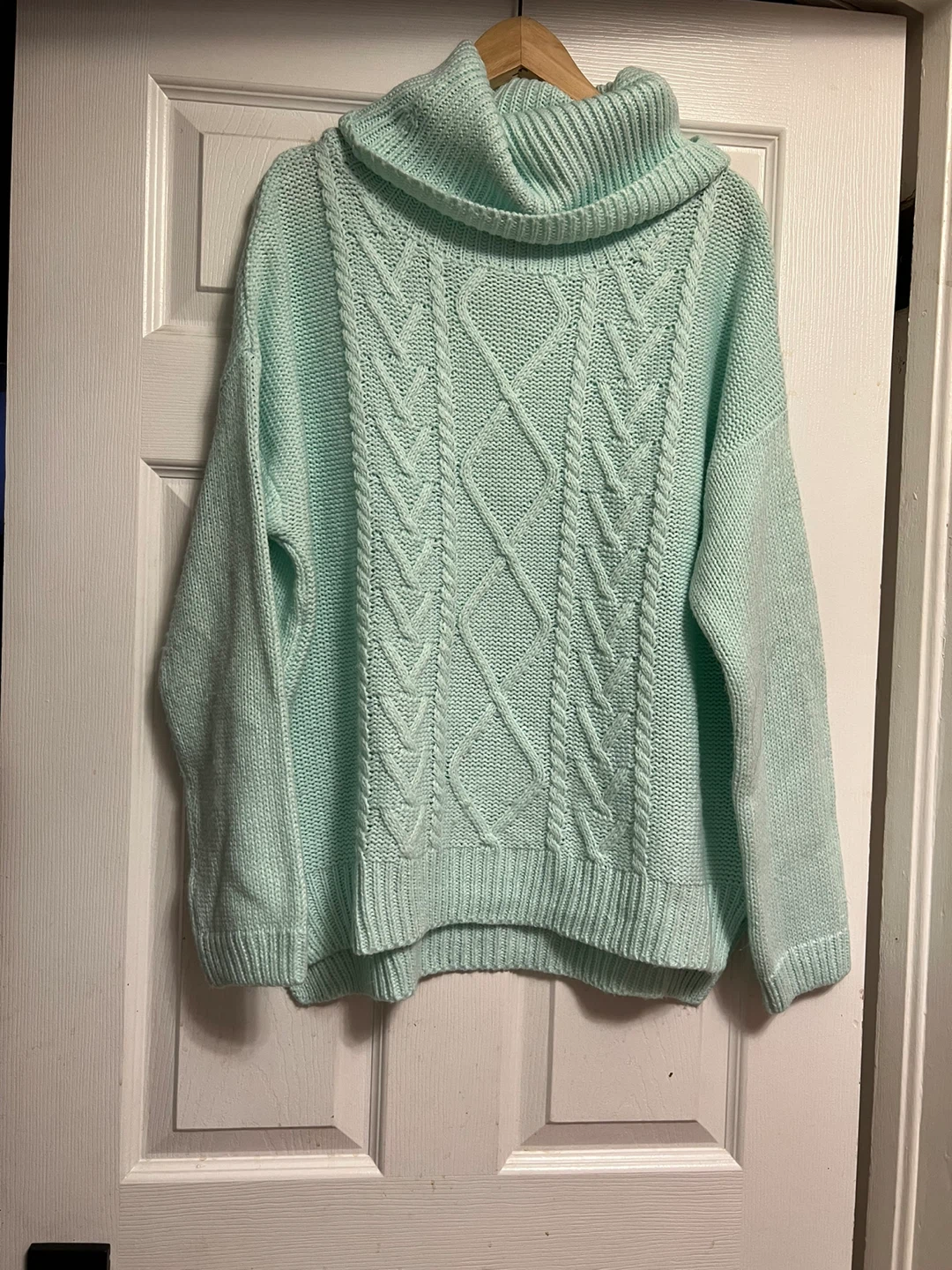 Mint Green Cowl Neck Cable Knit Sweater- L 🏆