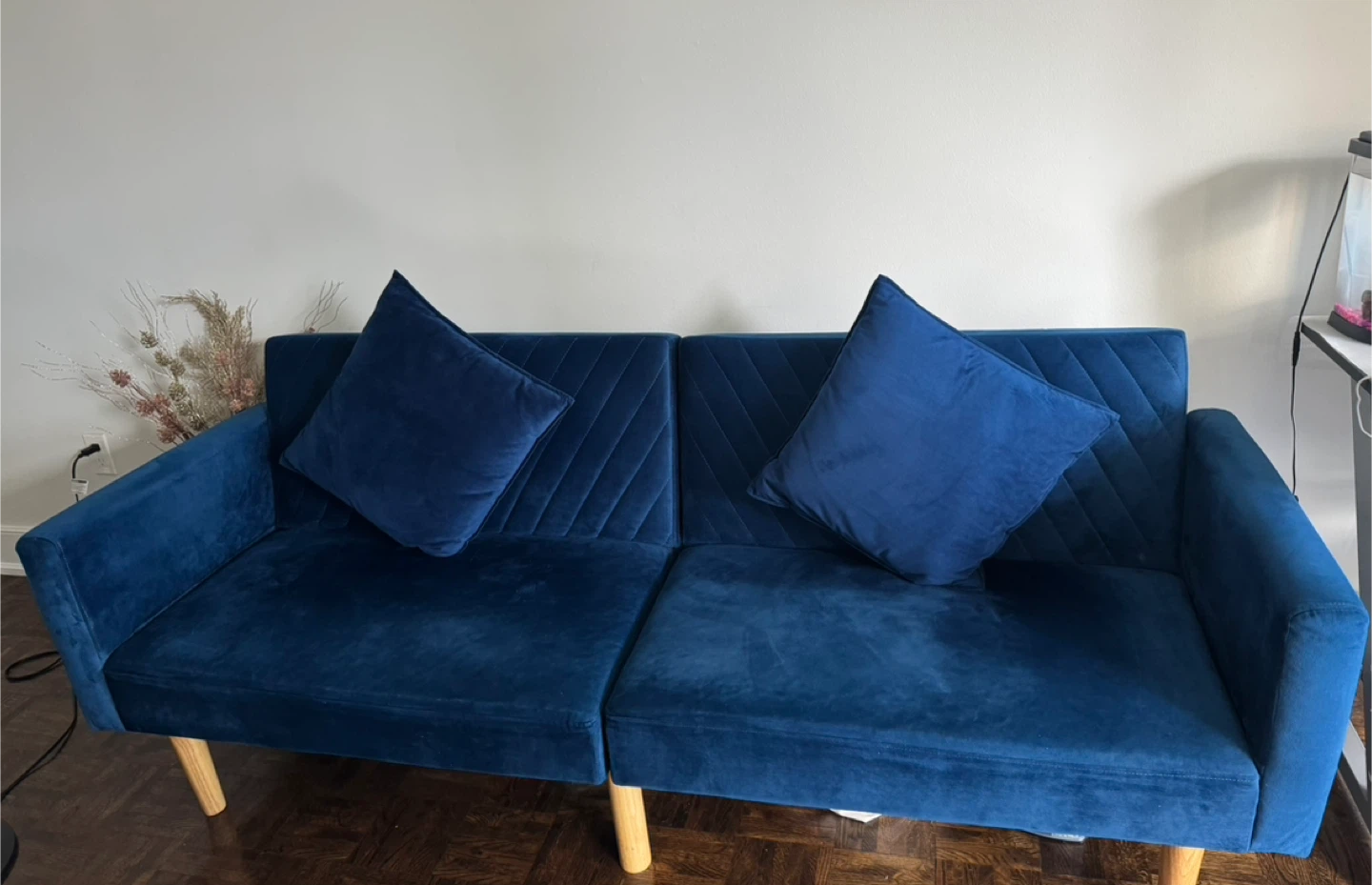 Blue Velvet Futon Sofa with Pillows