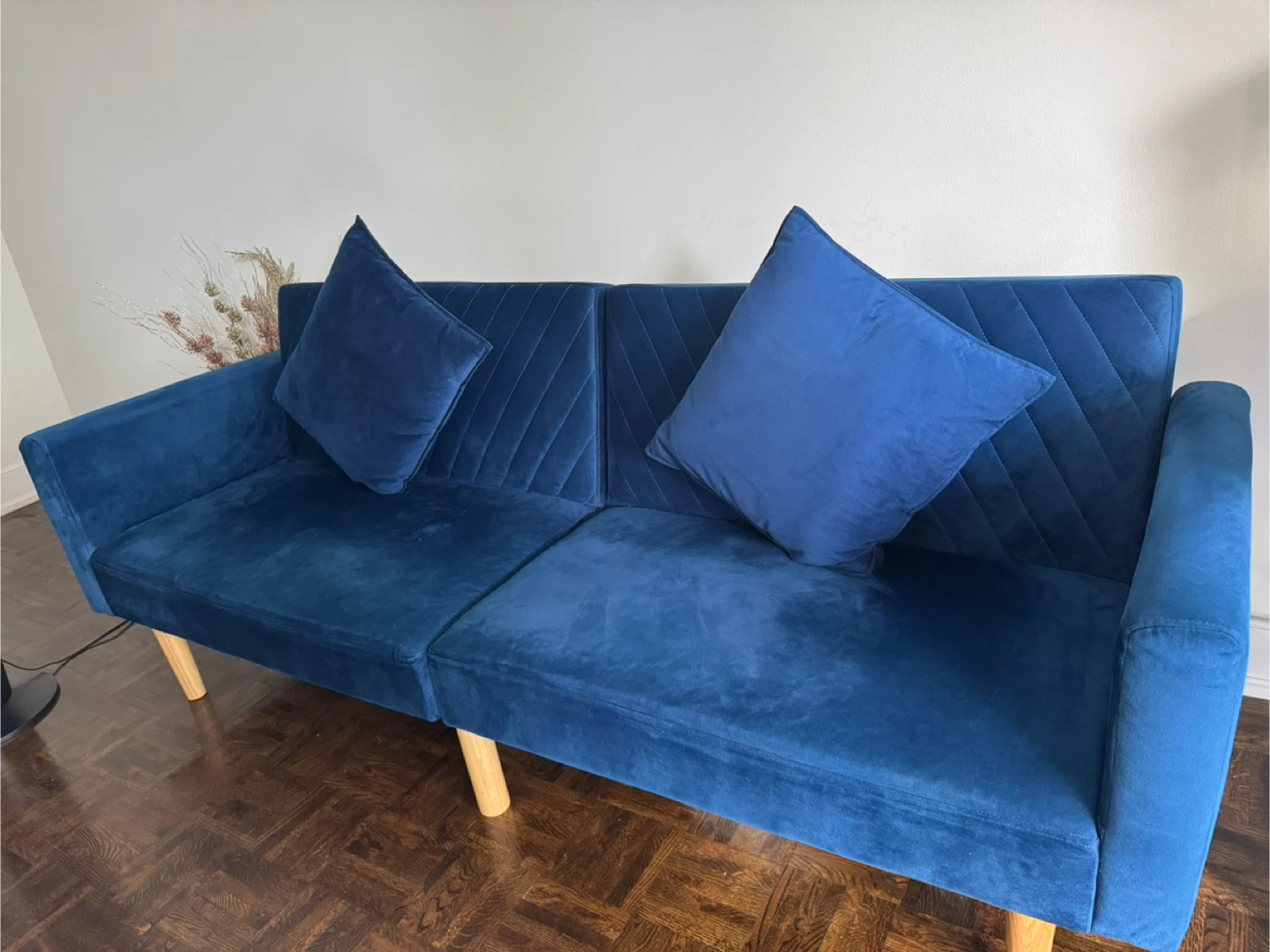 Blue Velvet Futon Sofa with Pillows - photo 3