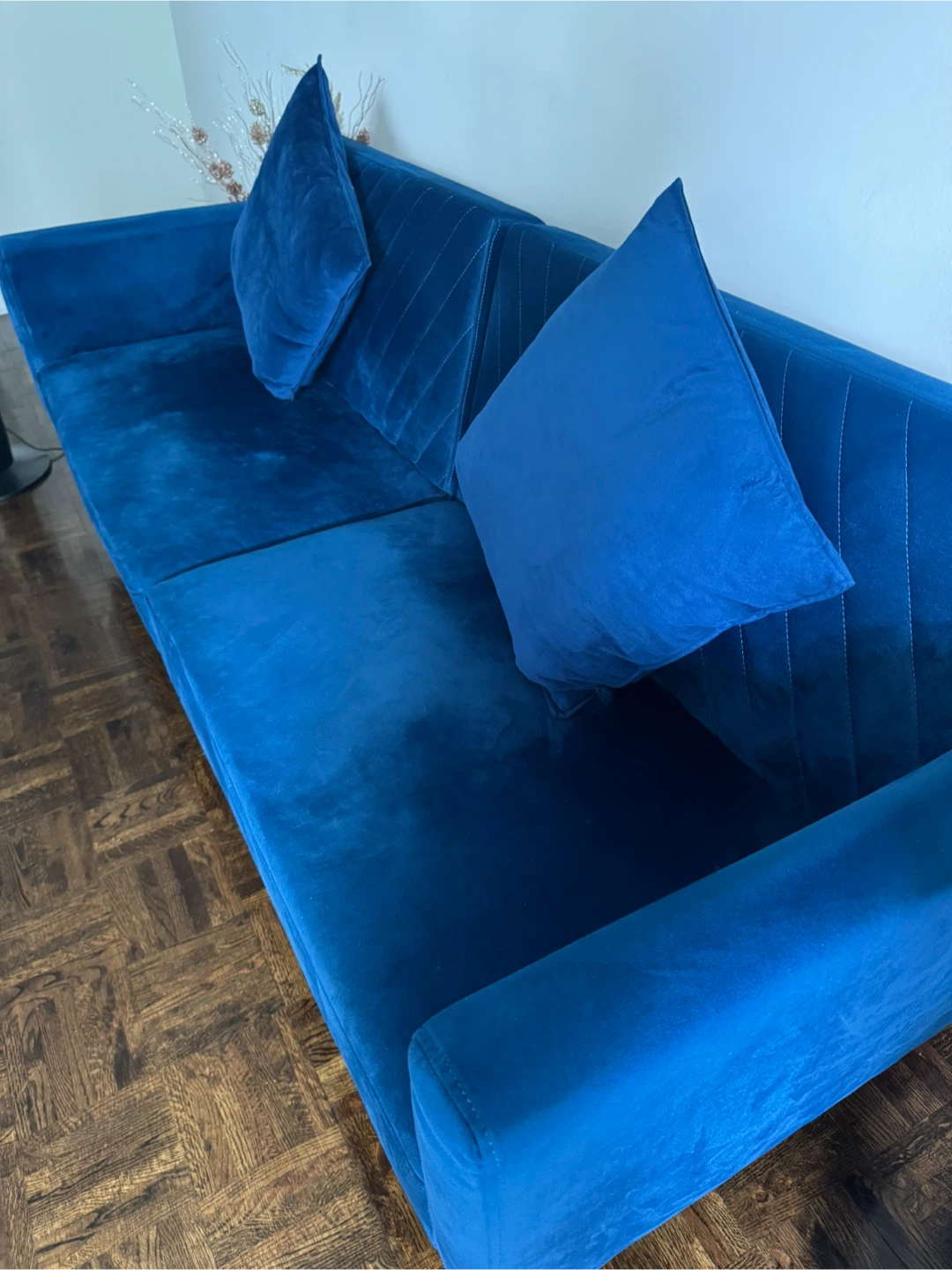 Blue Velvet Futon Sofa with Pillows - photo 2