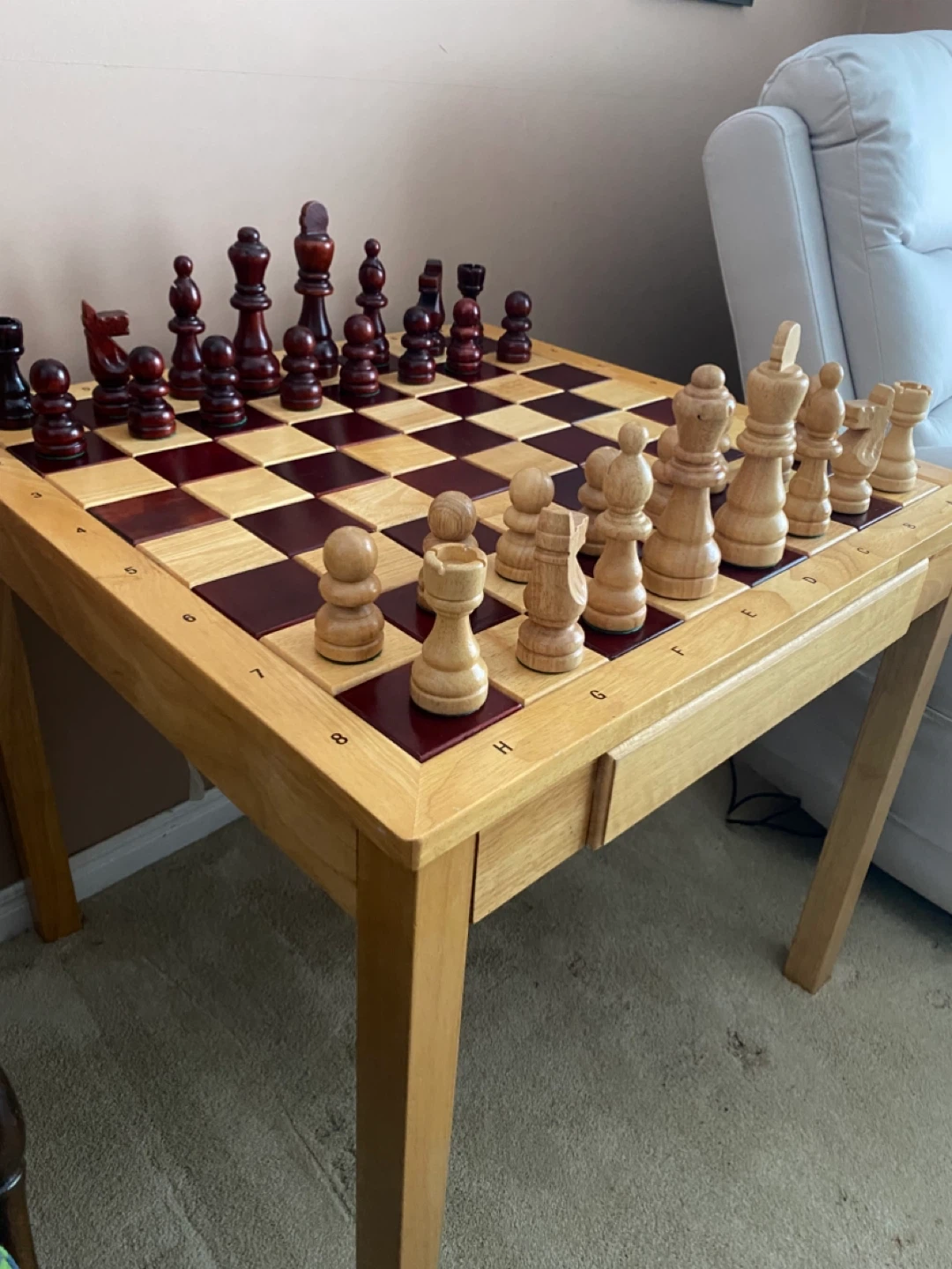 Stunning Wooden Chess Board Table with Pieces
