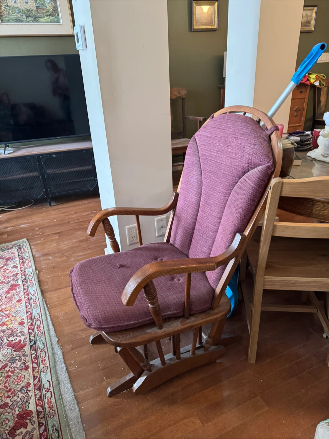 Wooden Glider Rocking Chair with Purple Cushion
