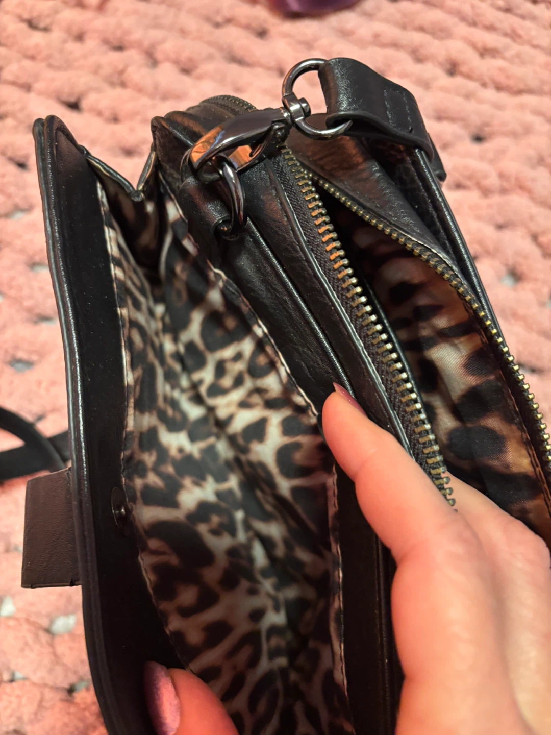 Black Faux Leather Shoulder Bag with Leopard Print Lining
