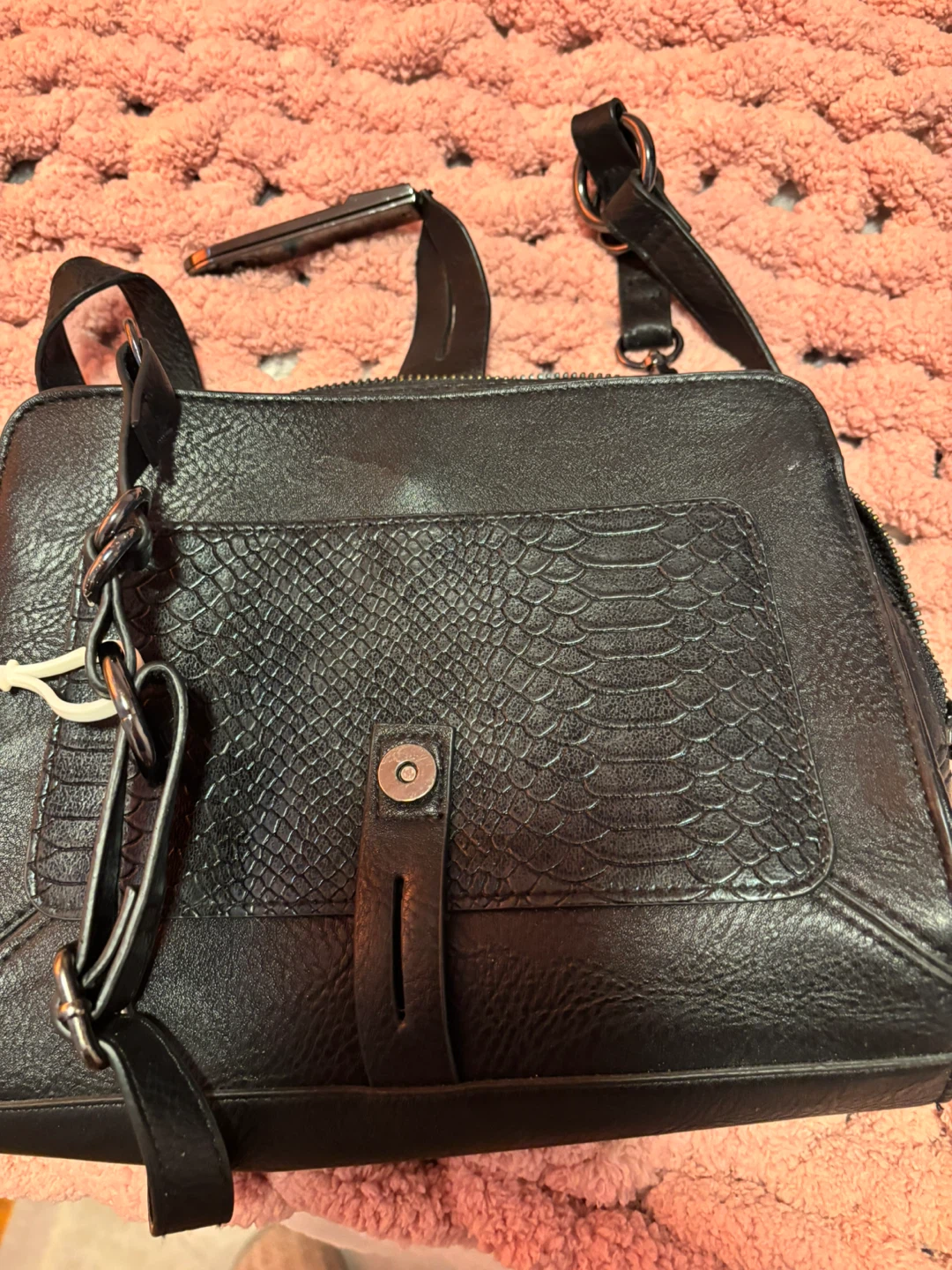 Black Faux Leather Shoulder Bag with Leopard Print Lining - photo 3