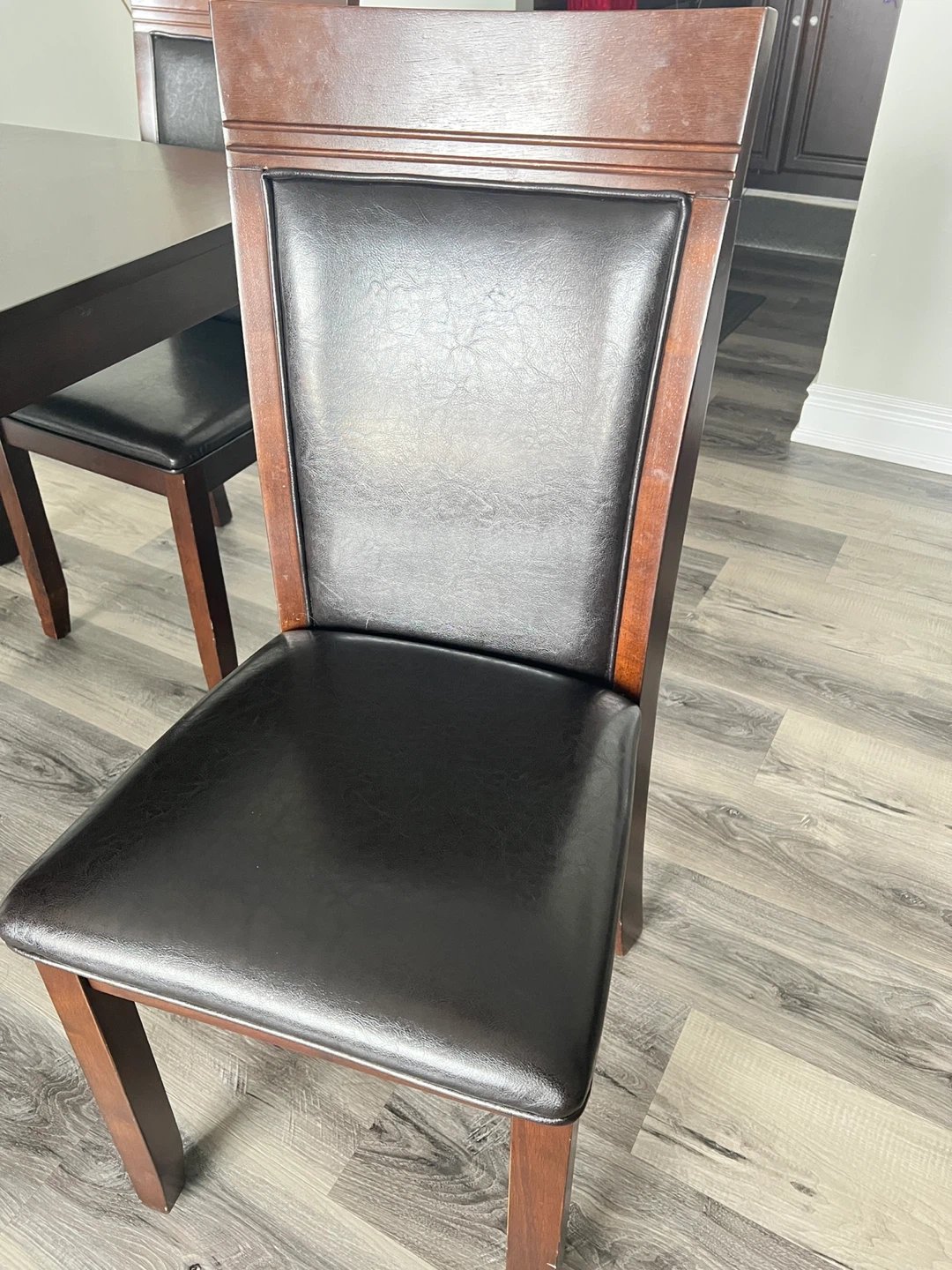 Dark Solid Wood Dining Table with 4 Black Faux Leather Chairs - photo 3