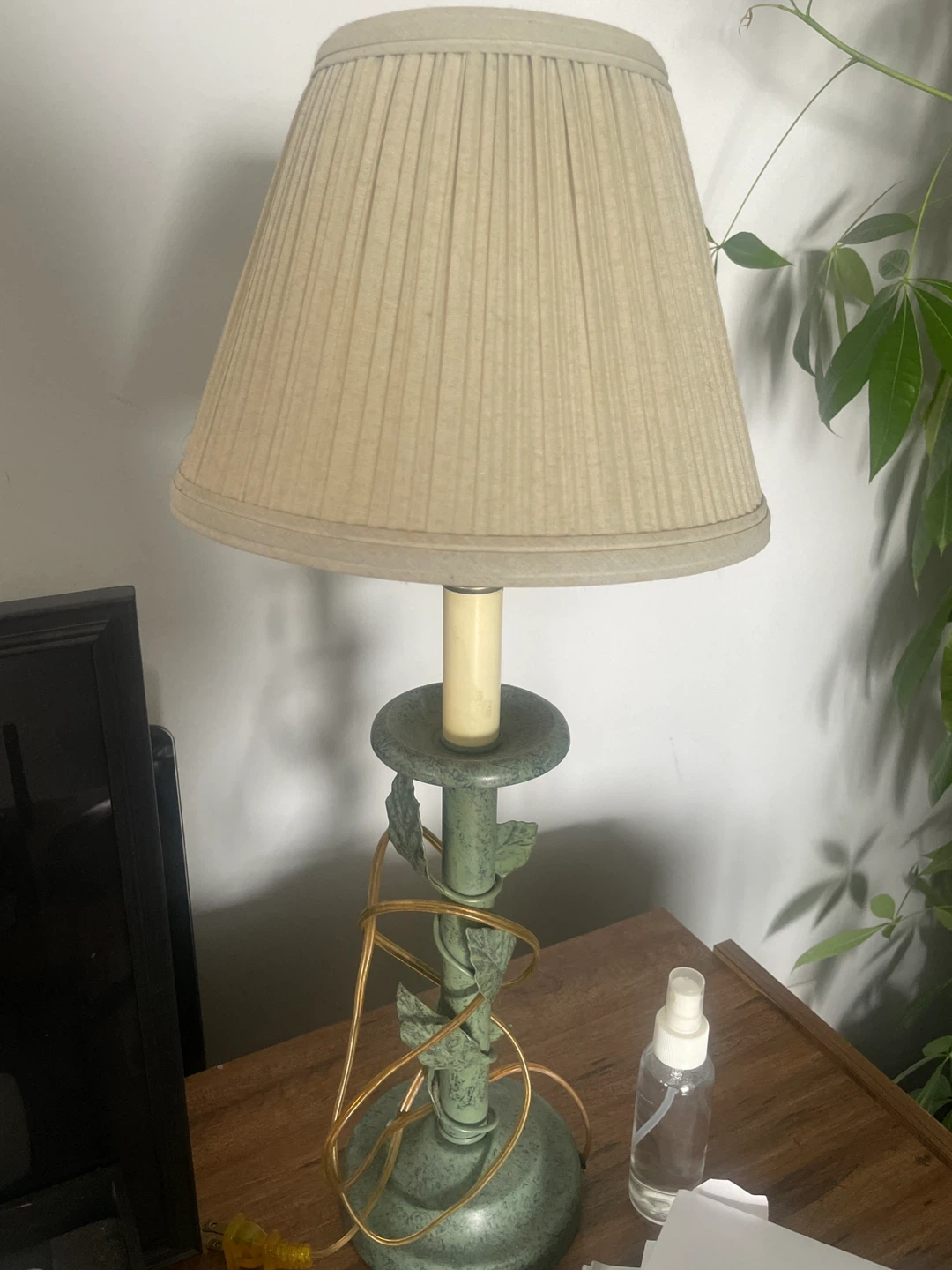 Green Metal Table Lamp with Pleated Shade