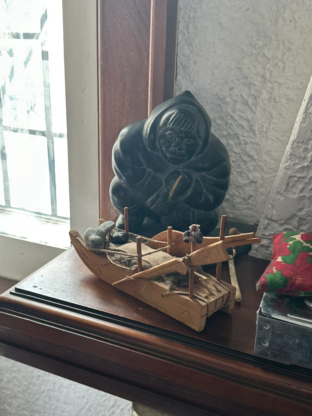🏆Carved Inuit Stone Figure with Wooden Boat